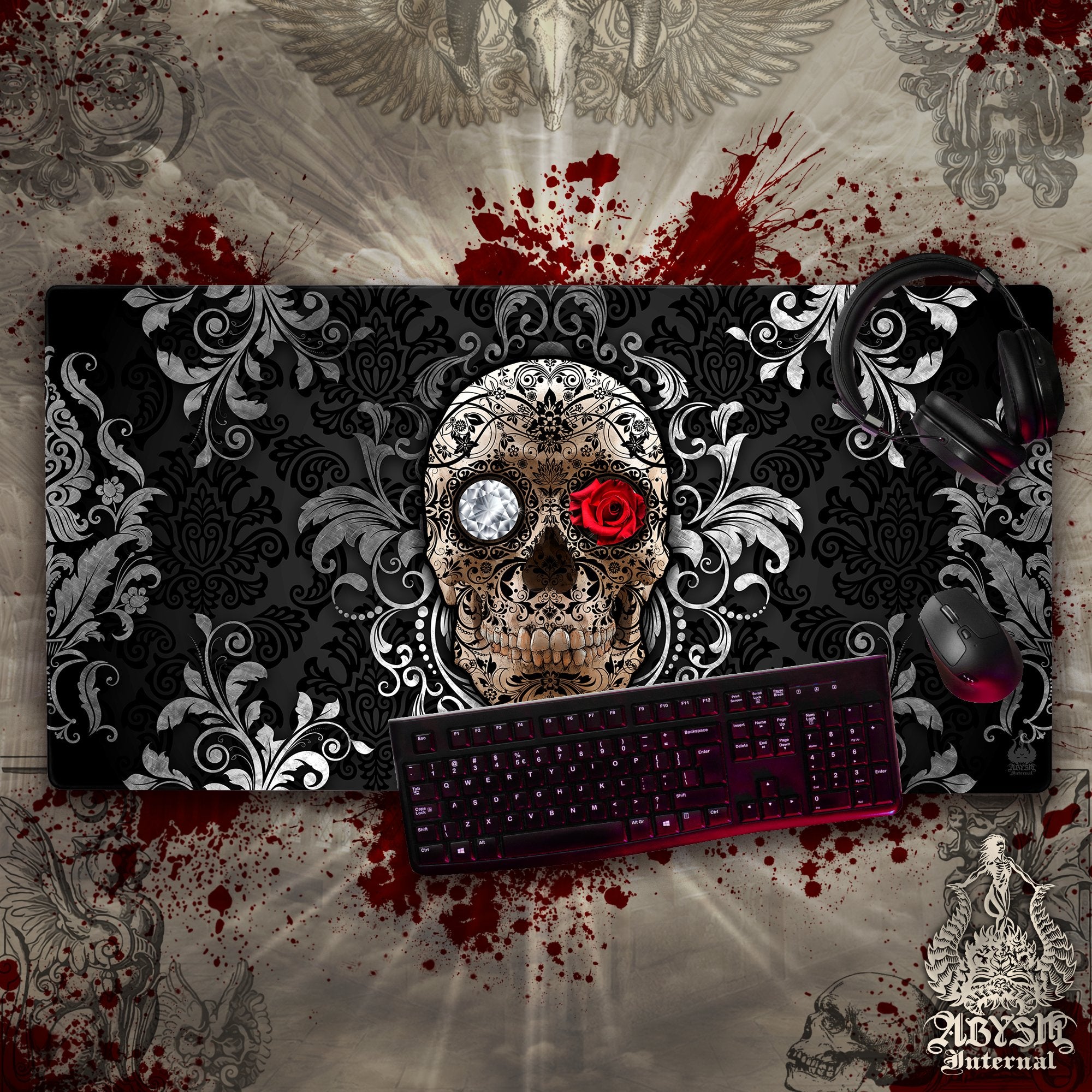 Sugar Skull Mouse Pad, Gothic Gaming Desk Mat, Dia de los Muertos Workpad, Goth Day of the Dead Table Protector Cover, Art Print Sugar Skull Mouse Pad, Gothic Gaming Desk Mat, Dia de los Muertos Workpad, Goth Day of the Dead Table Protector Cover, Art Print