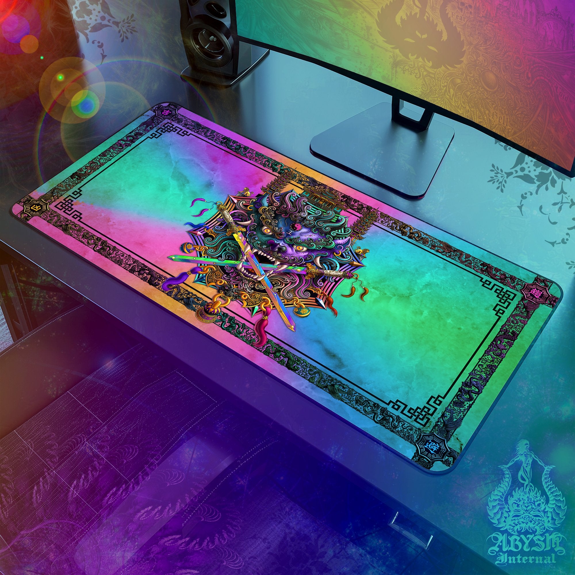 Taiwan Lion Gaming Desk Mat, Pastel Black Mouse Pad, Chinese Table Protector Cover, Asian Workpad, Fantasy Art Print