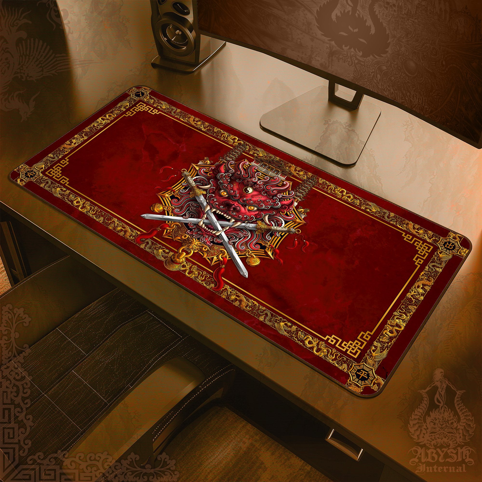 Taiwan Lion Gaming Desk Mat, Red Mouse Pad, Chinese Table Protector Cover, Asian Workpad, Fantasy Art Print