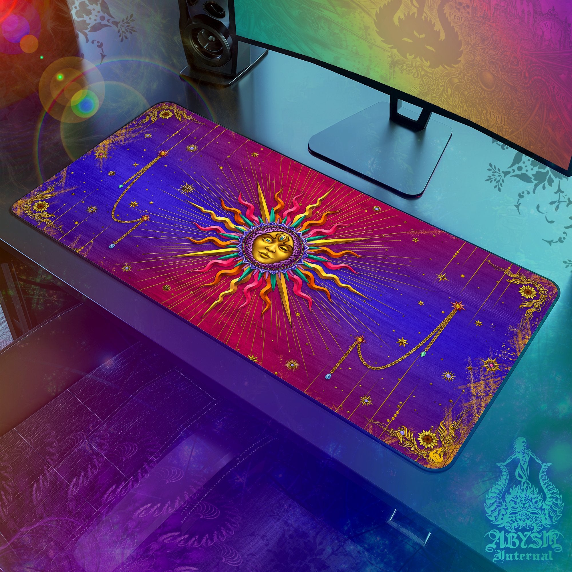 Tarot Arcana Desk Mat, Sun Gaming Mouse Pad, Witchy Table Protector Cover, Colorful Witch Workpad, Esoteric Art Print – Psy