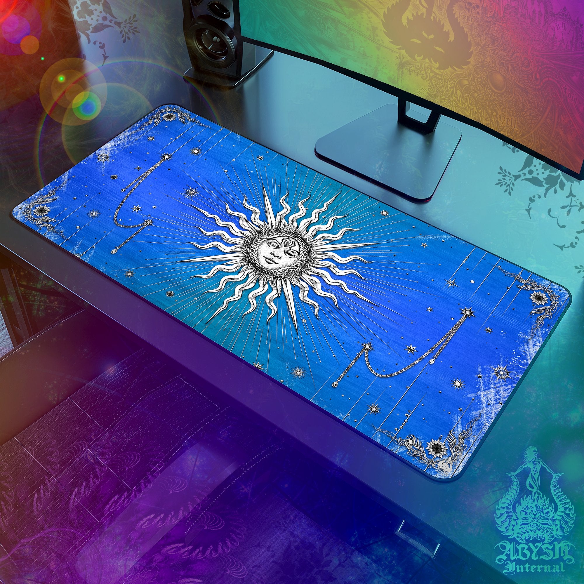Tarot Arcana Workpad, White Sun Desk Mat, Boho Gaming Mouse Pad, Indie Table Protector Cover, Esoteric Art Print – 6 Colors