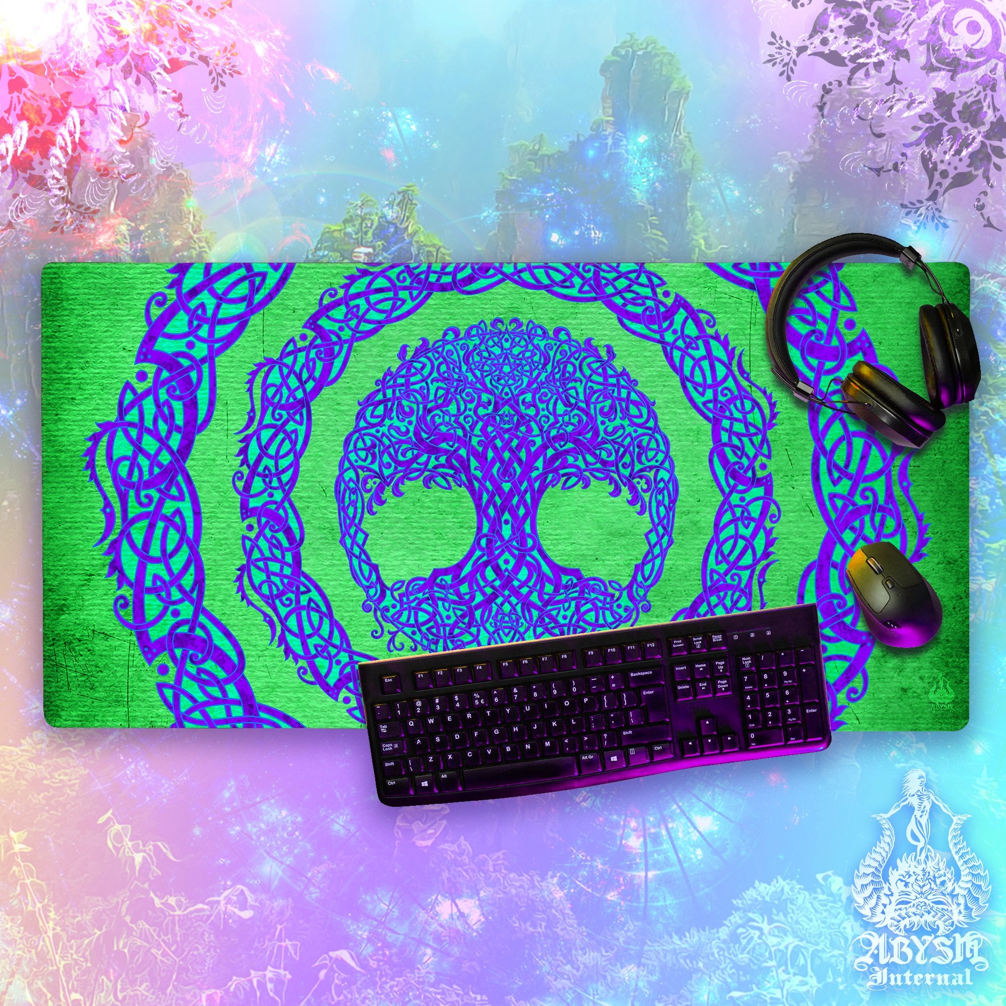 Tree of Life Desk Mat, Celtic Knotwork Gaming Mouse Pad, Wicca Table Protector Cover, Indie Workpad, Boho Art Print – Psy, Green White, Paper, 3 Colors