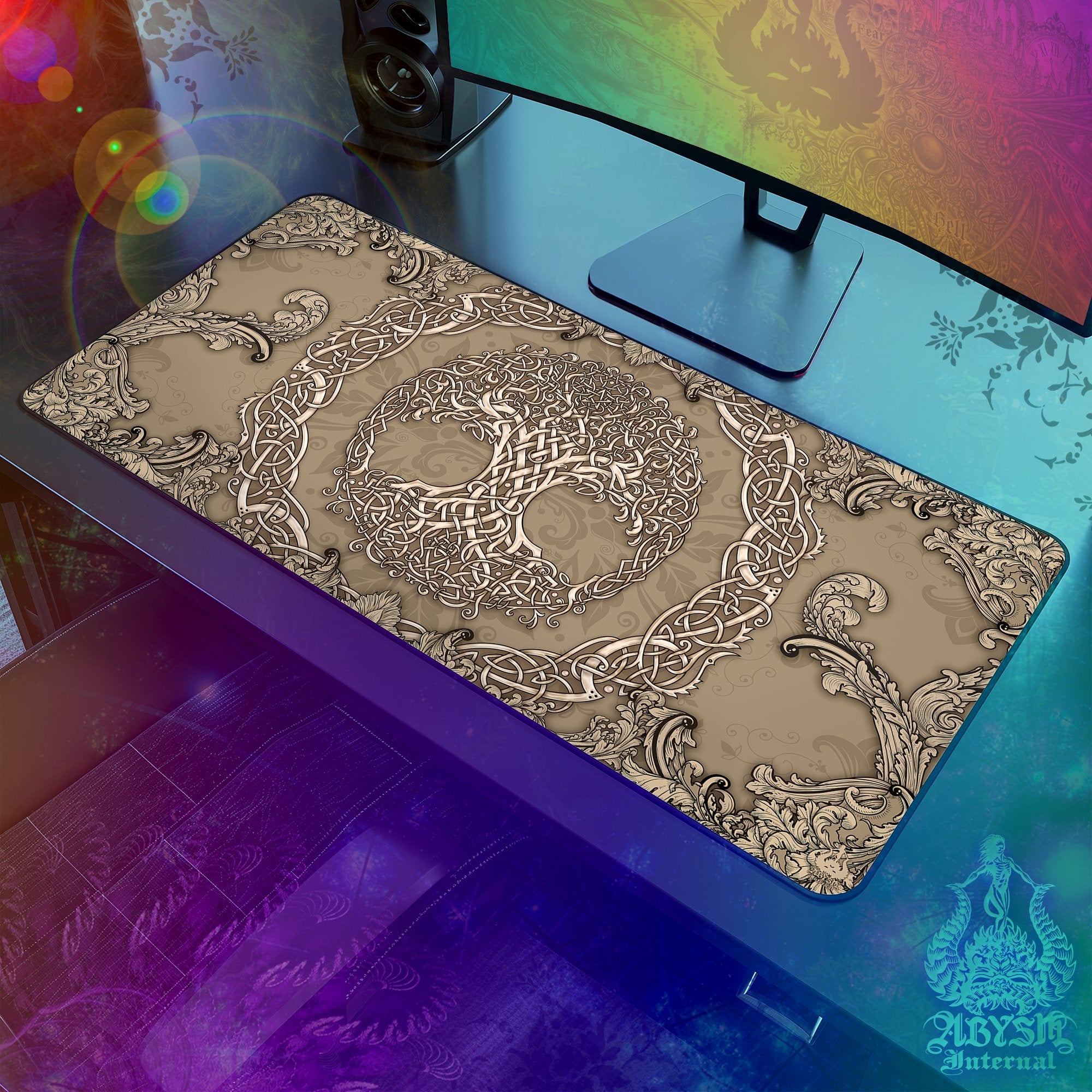 Tree of Life Gaming Desk Mat, Celtic Knotwork Mouse Pad, Wicca Table Protector Cover, Indie Workpad, Indie Art Print – Cream