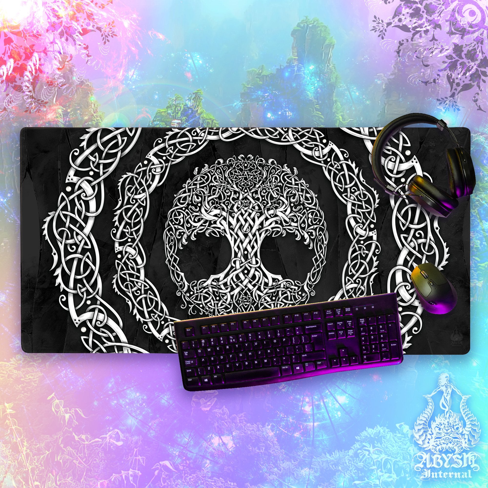 Tree of Life Gaming Mouse Pad, Celtic Knotwork Desk Mat, Wicca Table Protector Cover, Boho Workpad, Art Print – White, 3 Colors