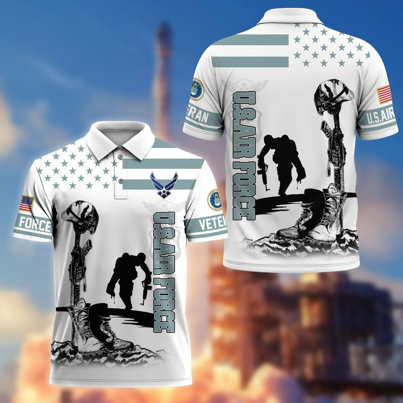 US Air Force Fallen Soldier Polo Shirt Veteran Memorial Tribute Gift for Dad and Husband on Veteran Day