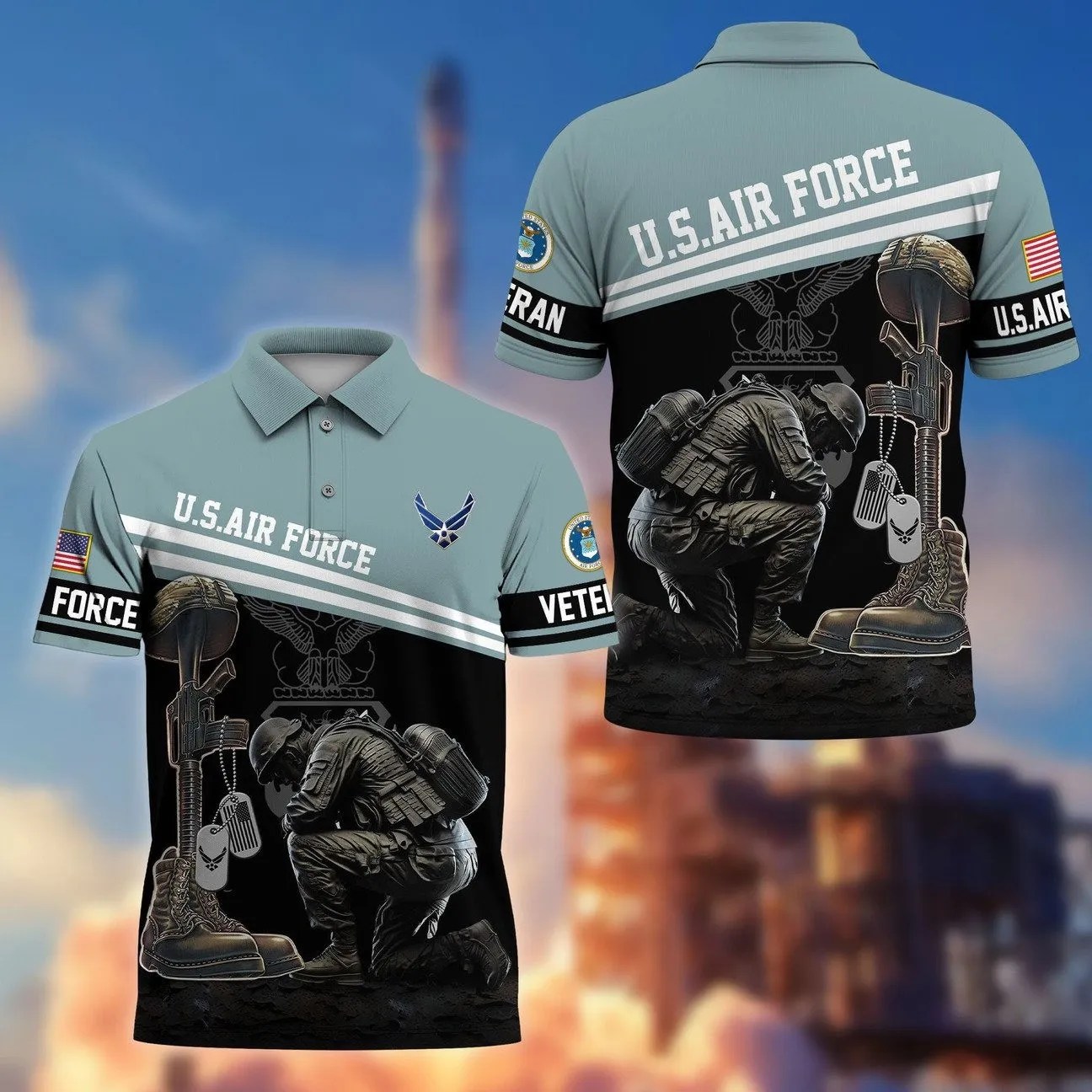 US Air Force Kneeling Soldier US Army Polo Shirt – Honor Veterans on Memorial Veterans Day