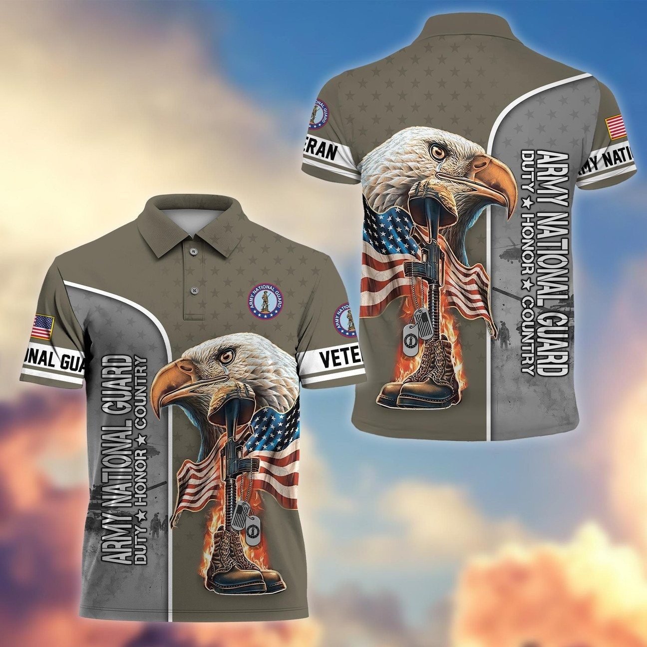 US Army National Guard Eagle Polo Shirt Honor’Country Military Gift for Dad and Husband on Veterans Day