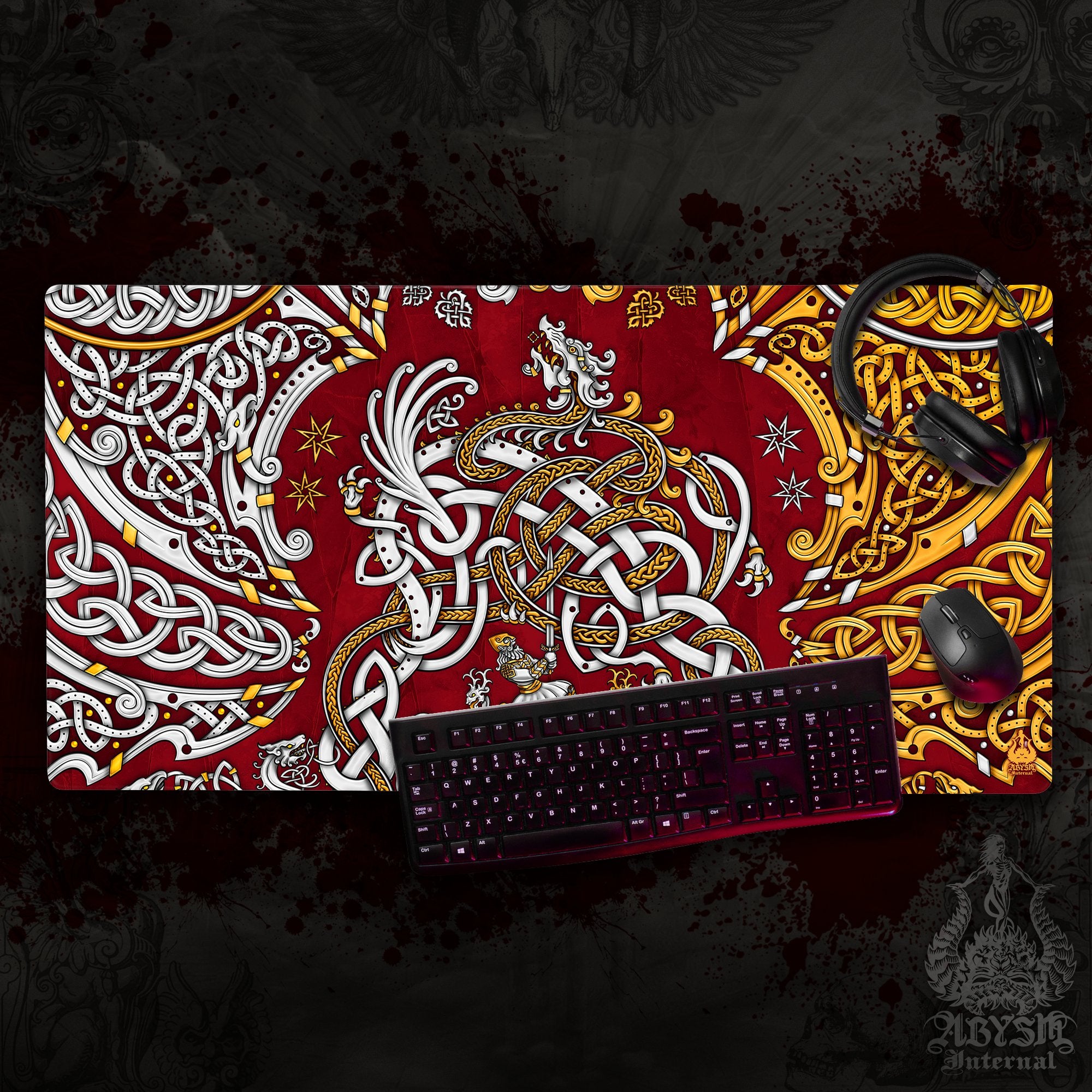 Viking Desk Mat, Norse Dragon Gaming Mouse Pad, Nordic Knotwork Table Protector Cover, Fafnir Workpad, Art Print – Gold, 3 Colors