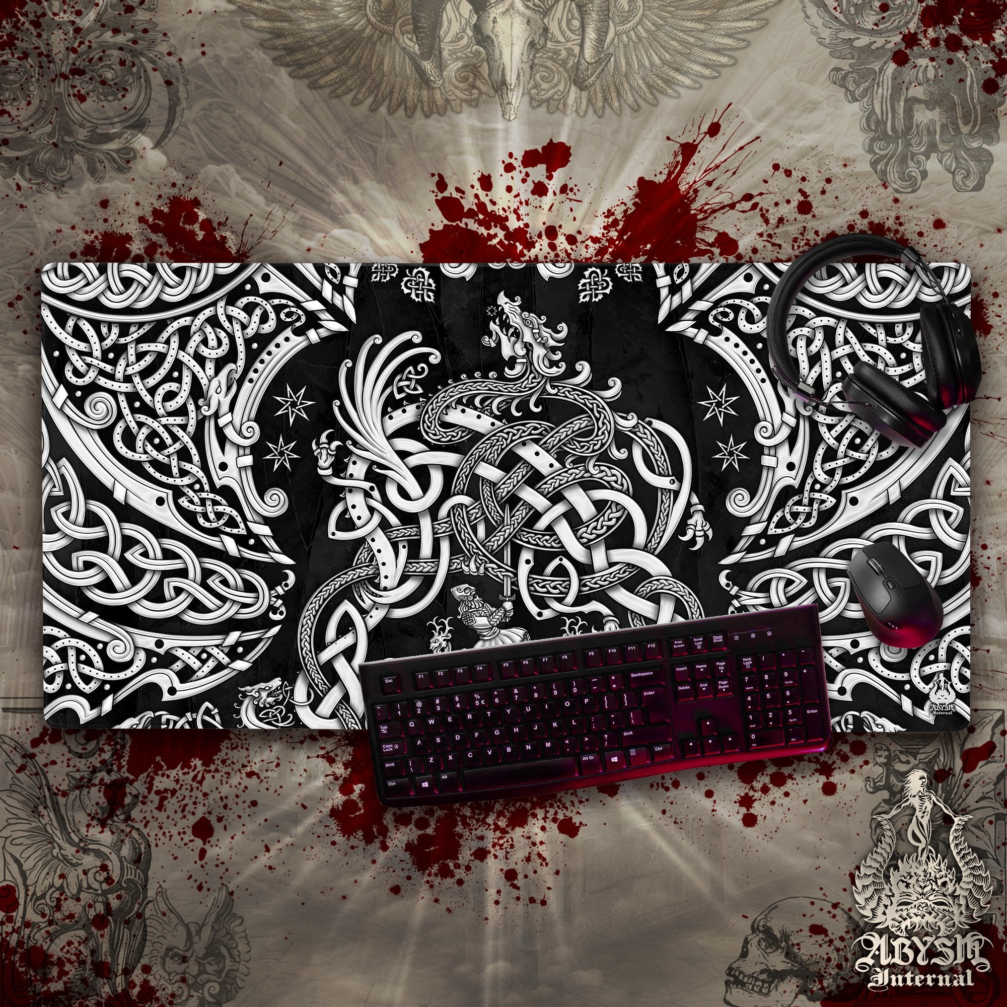 Viking Gaming Desk Mat, Fenrir Mouse Pad, Norse Knotwork Table Protector Cover, Nordic Wolf Workpad, Art Print – White, 3 Colors