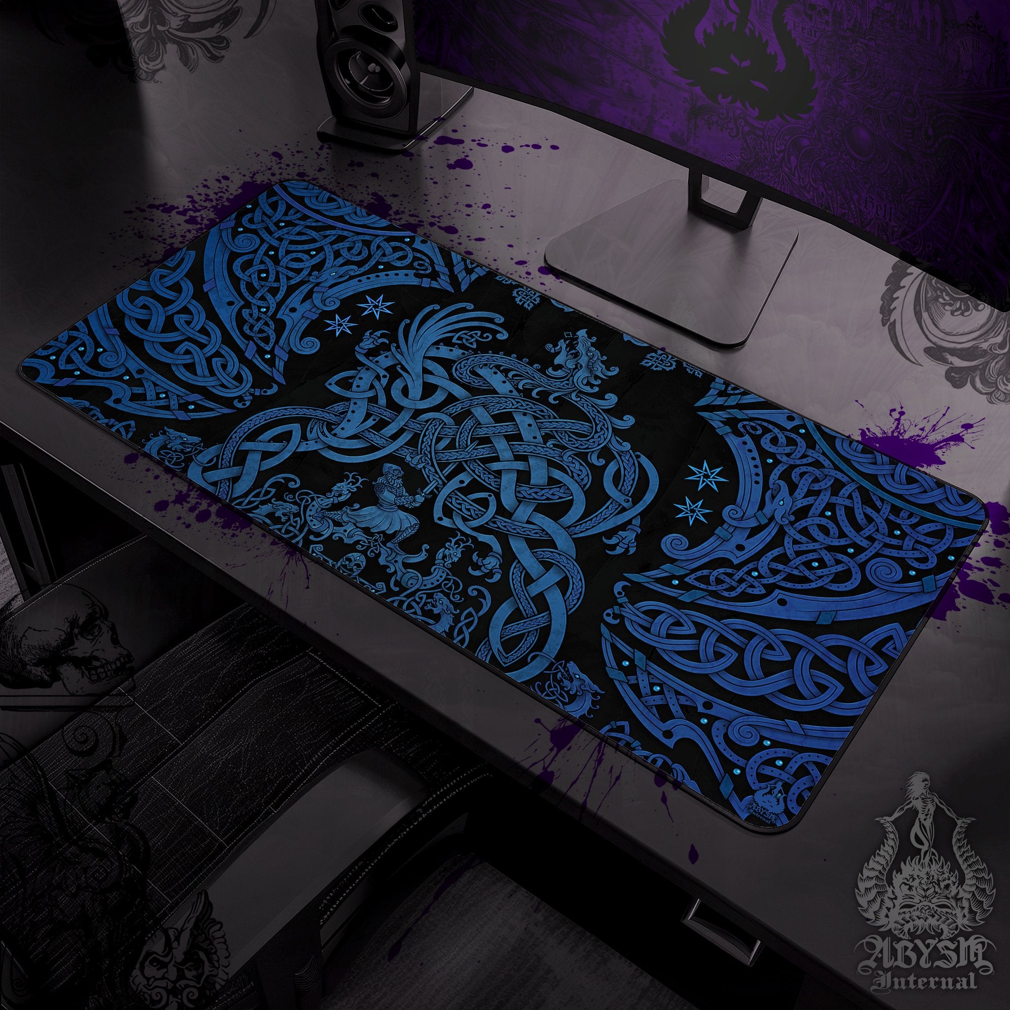 Viking Dragon Gaming Mouse Pad, Norse Knotwork Desk Mat, Nordic Table Protector Cover, Fafnir Workpad, Art Print – Black Blue