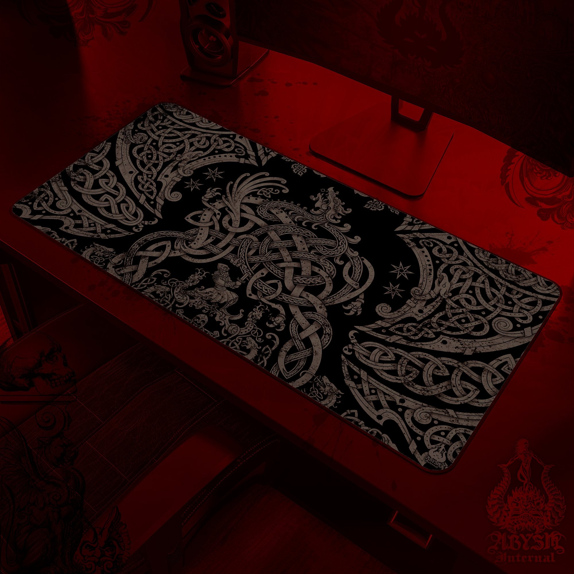Viking Dragon Mouse Pad, Norse Knotwork Gaming Desk Mat, Nordic Workpad, Fafnir Table Protector Cover, Art Print – Black Grey Grit