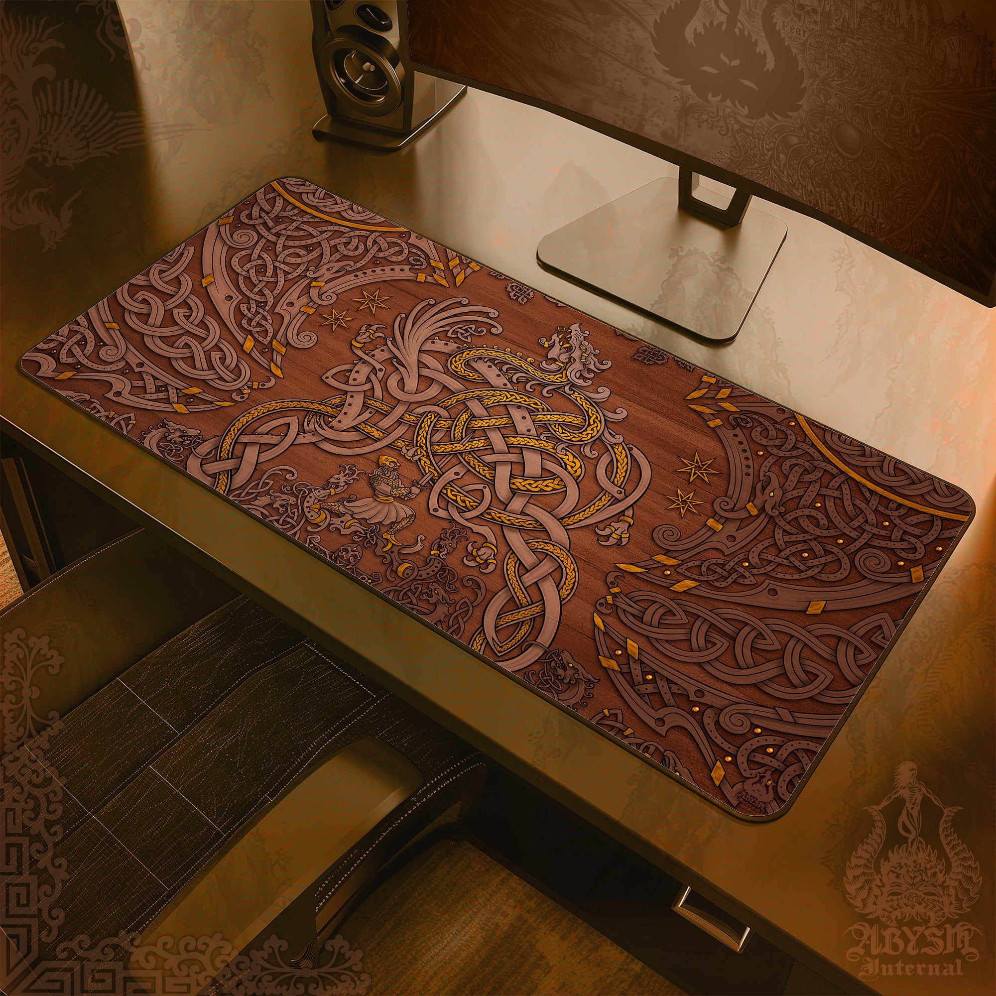 Viking Dragon Workpad, Norse Knotwork Desk Mat, Nordic Gaming Mouse Pad, Fafnir Table Protector Cover, Art Print – Wood