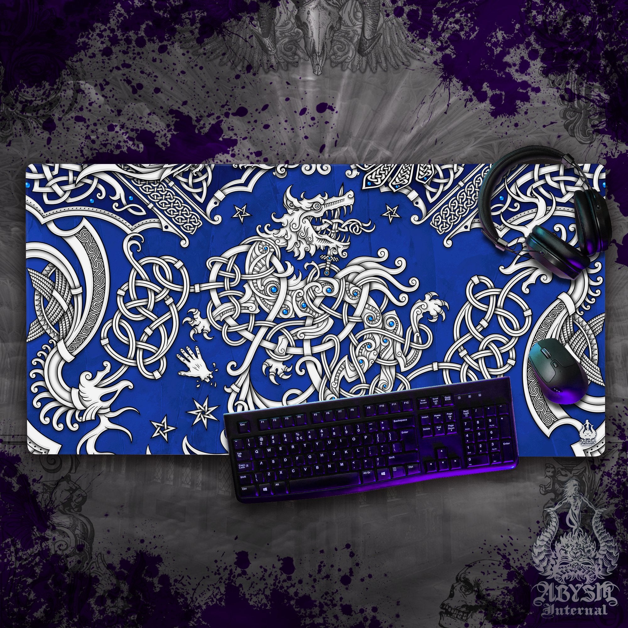 Viking Gaming Desk Mat, Fenrir Mouse Pad, Norse Knotwork Table Protector Cover, Nordic Wolf Workpad, Art Print – White, 3 Colors