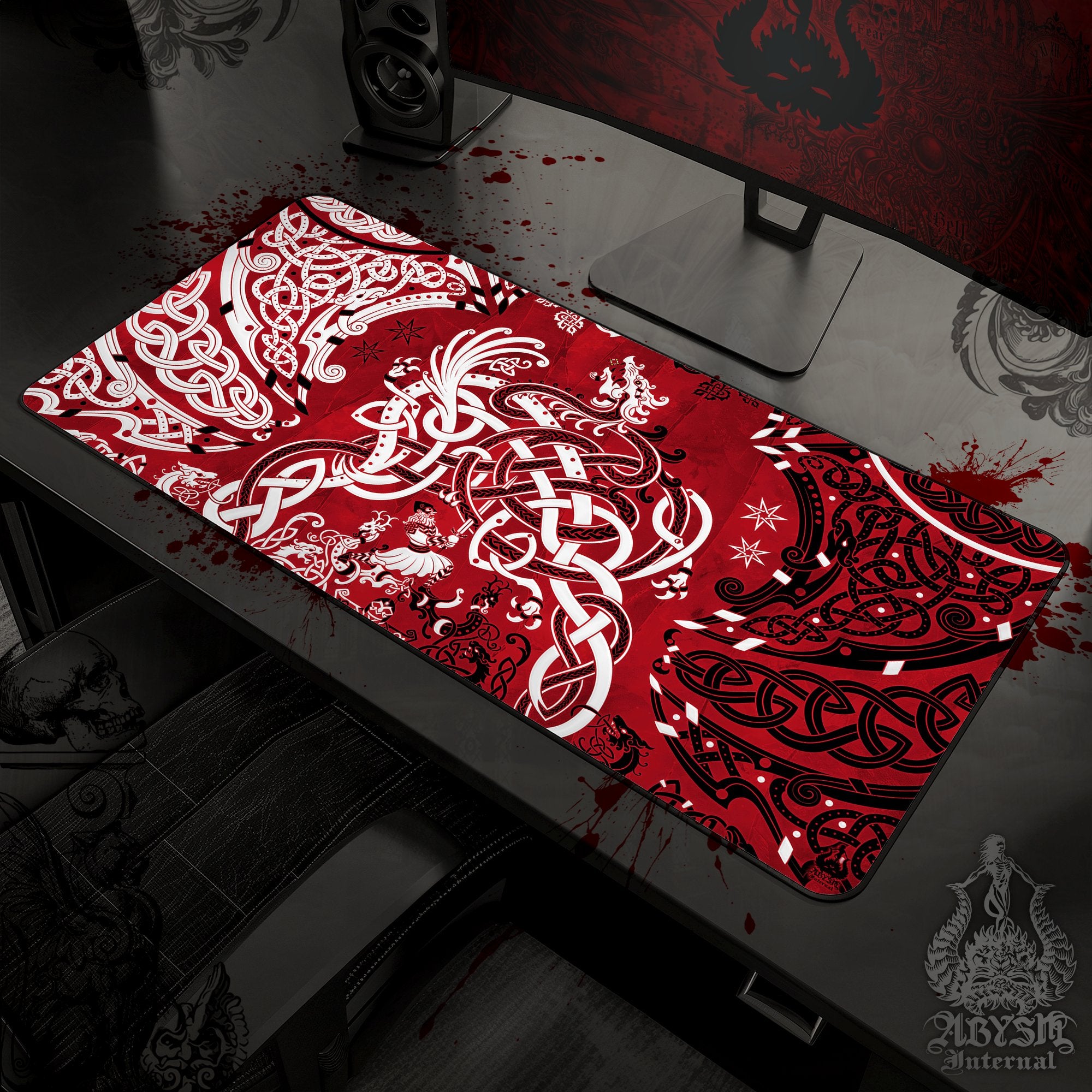 Viking Gaming Desk Mat, Norse Dragon Mouse Pad, Nordic Knotwork Table Protector Cover, Fafnir Workpad, Art Print – Bloody Red