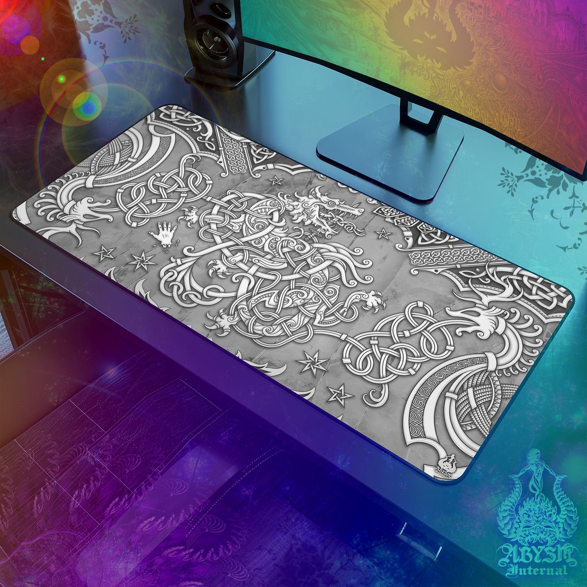 Viking Gaming Mouse Pad, Fenrir Desk Mat, Norse Wolf Table Protector Cover, Nordic Knotwork Workpad, Art Print – Stone