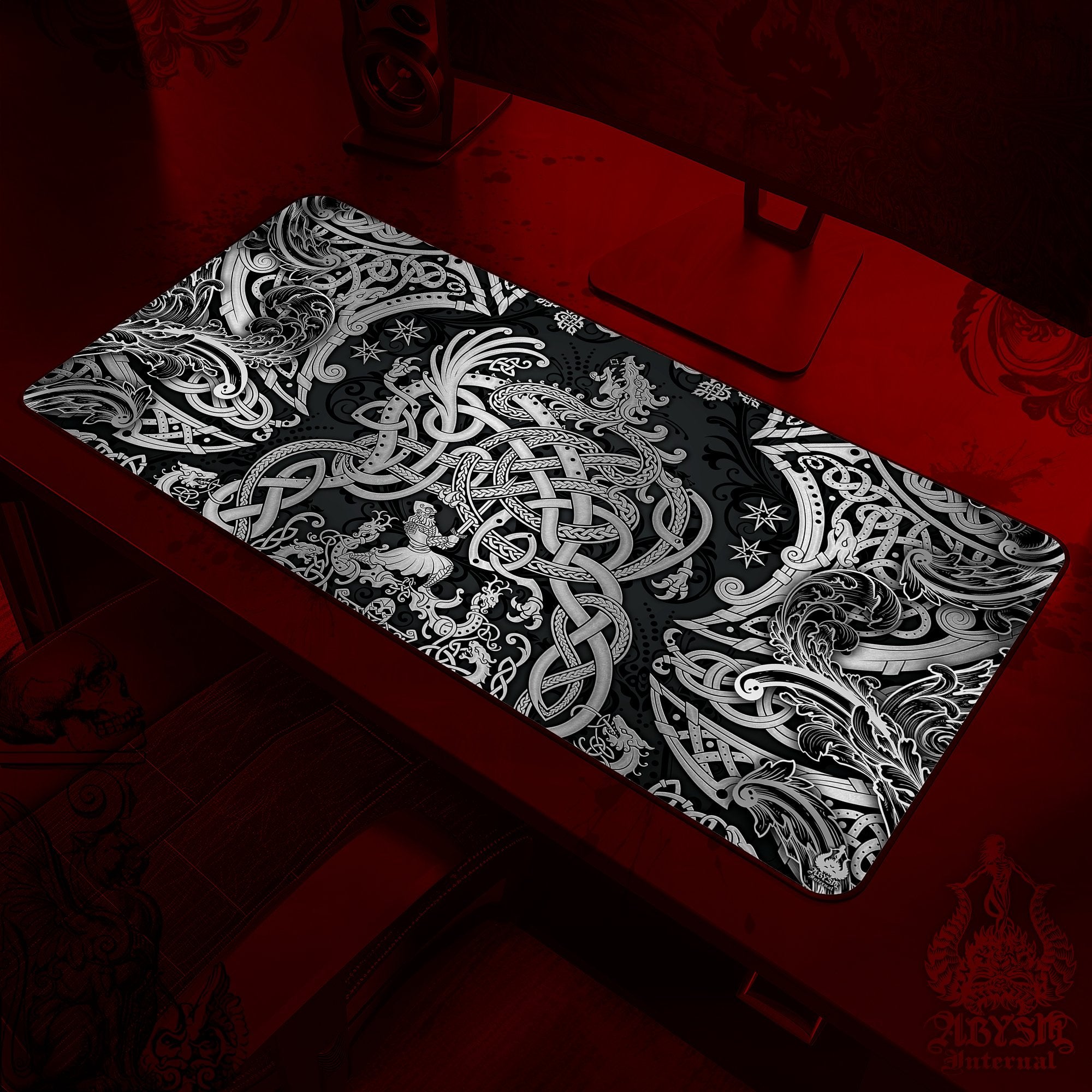 Viking Gaming Mouse Pad, Norse Dragon Desk Mat, Nordic Knotwork Table Protector Cover, Fafnir Workpad, Art Print – Dark