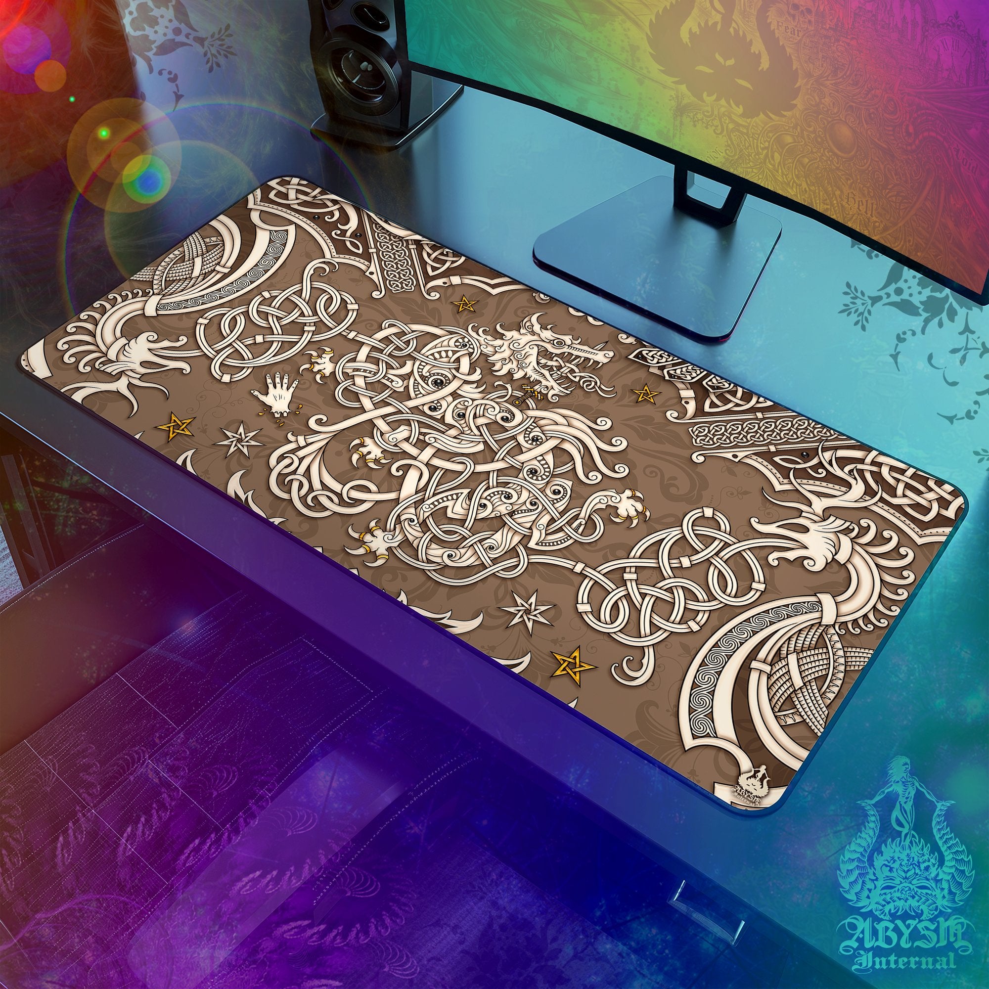 Viking Mouse Pad, Fenrir Gaming Desk Mat, Nordic Wolf Workpad, Norse Knotwork Table Protector Cover, Art Print – Cream