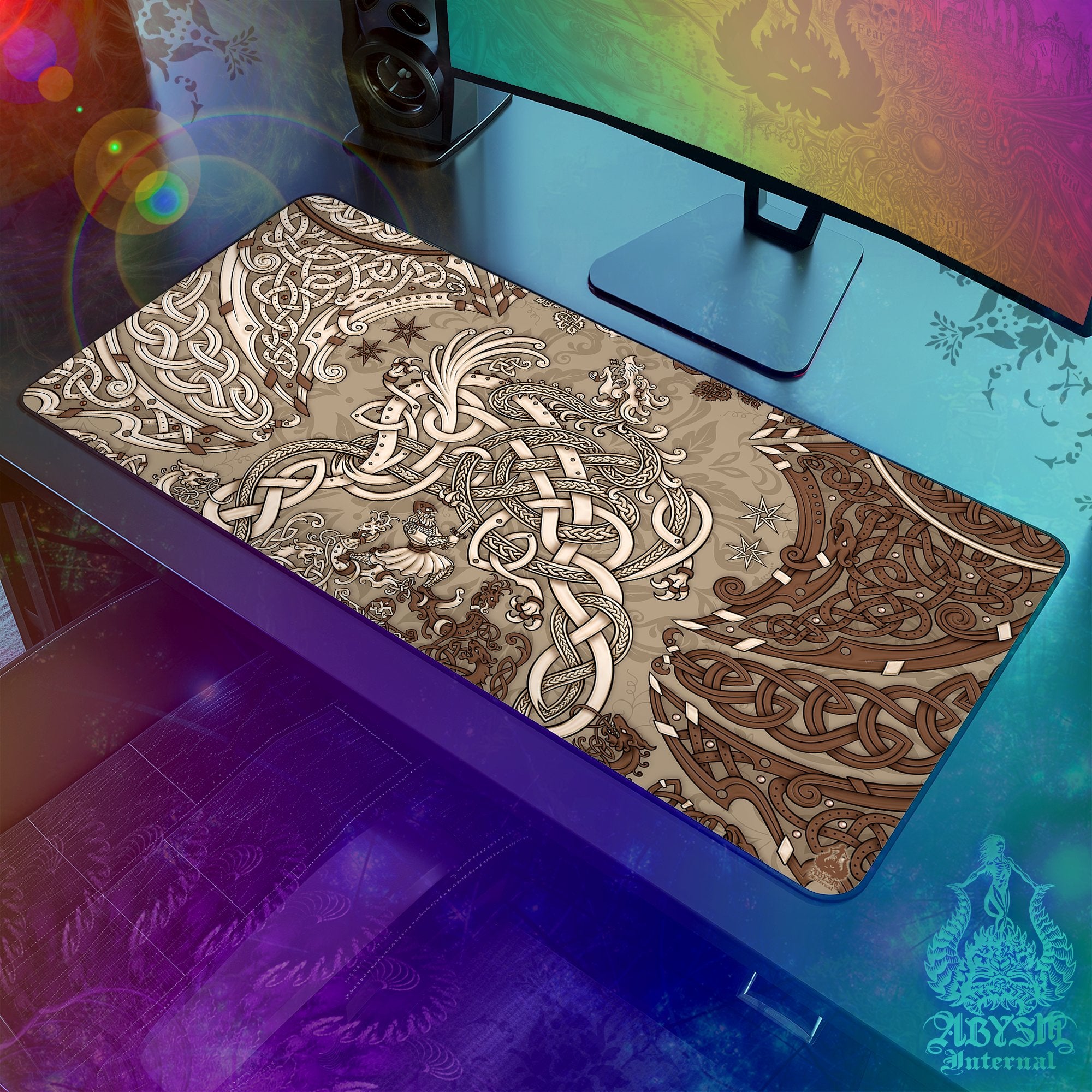 Viking Mouse Pad, Norse Dragon Gaming Desk Mat, Nordic Knotwork Workpad, Fafnir Table Protector Cover, Art Print – Cream