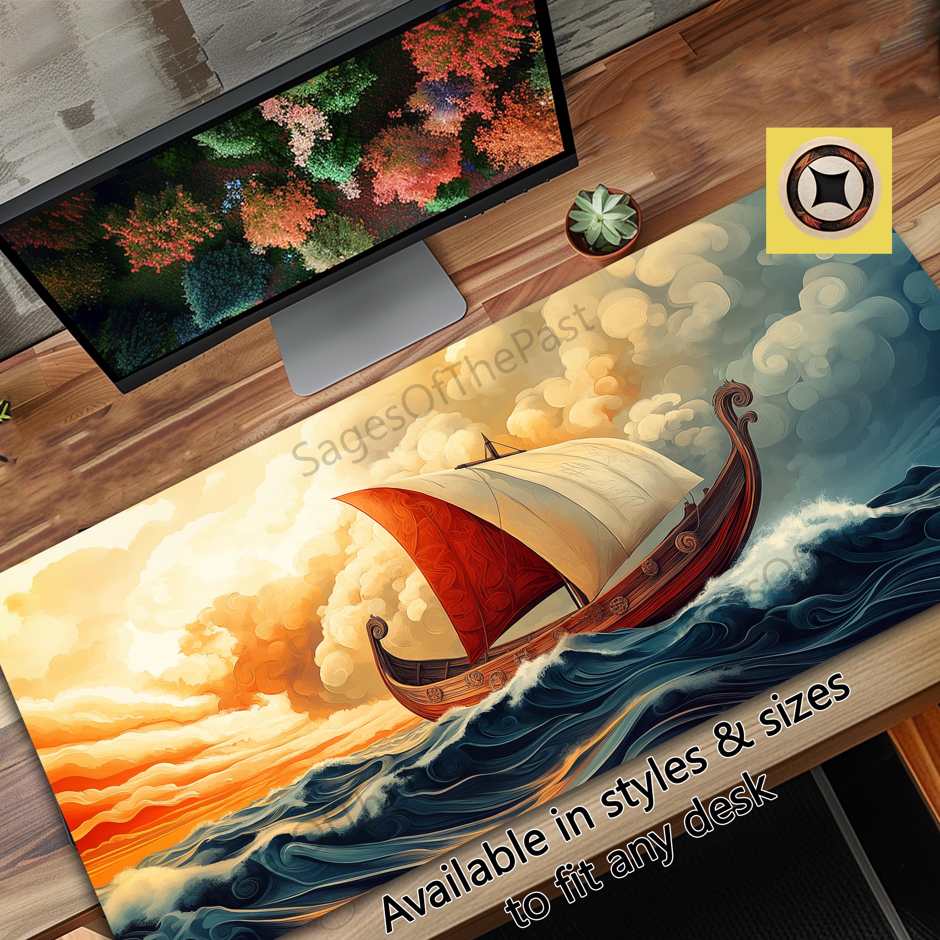 Viking Ship Desk Mat – Nautical Office Decor, Workspace Accessories, Gift for Sailors, Home Office Essentials, Marine Art