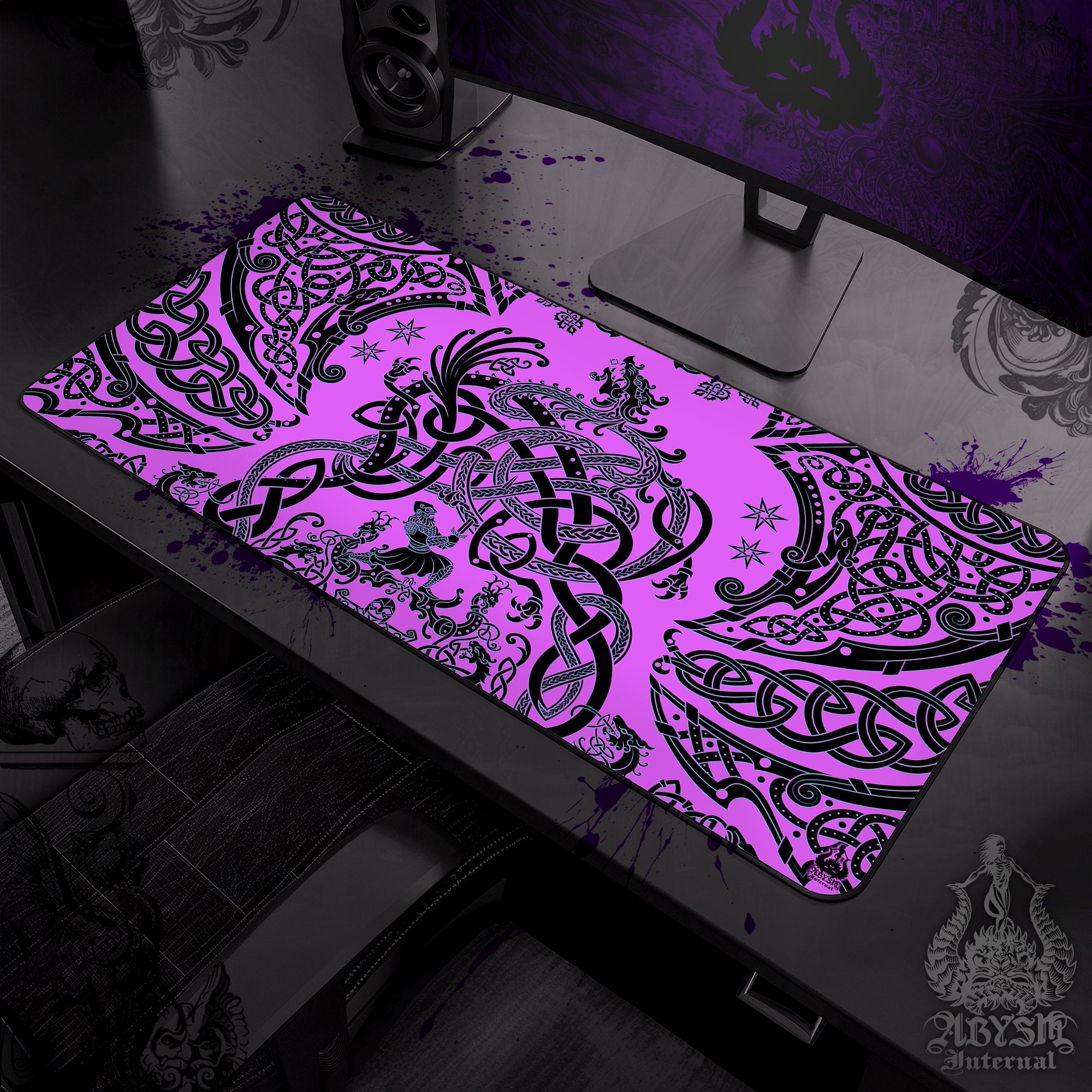 Viking Workpad, Norse Dragon Desk Mat, Nordic Knotwork Gaming Mouse Pad, Fafnir Table Protector Cover, Art Print – Pastel Goth