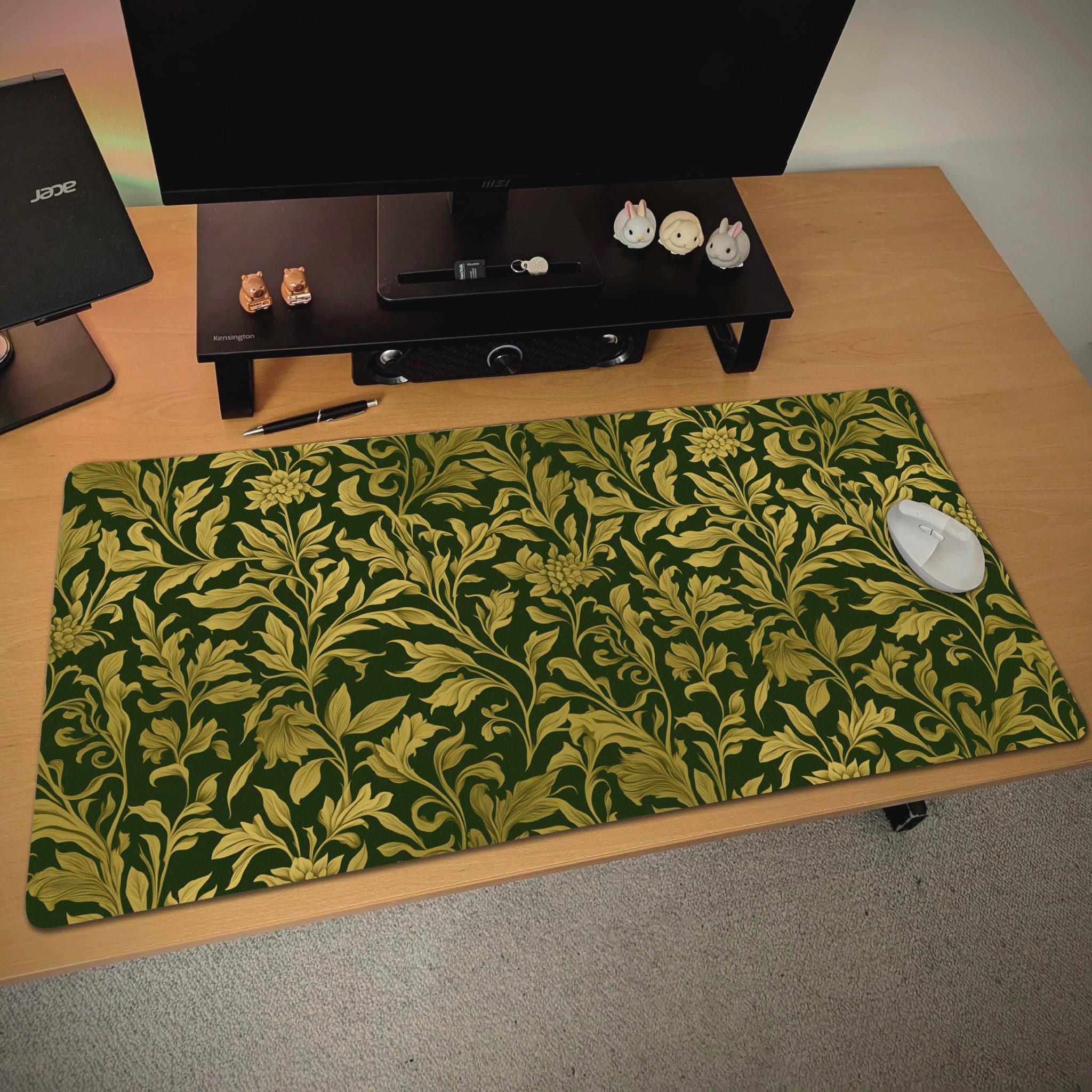 Vintage Floral Green Desk Mat  Dark Botanical Mouse Pad, Gothic Baroque Desk Pad