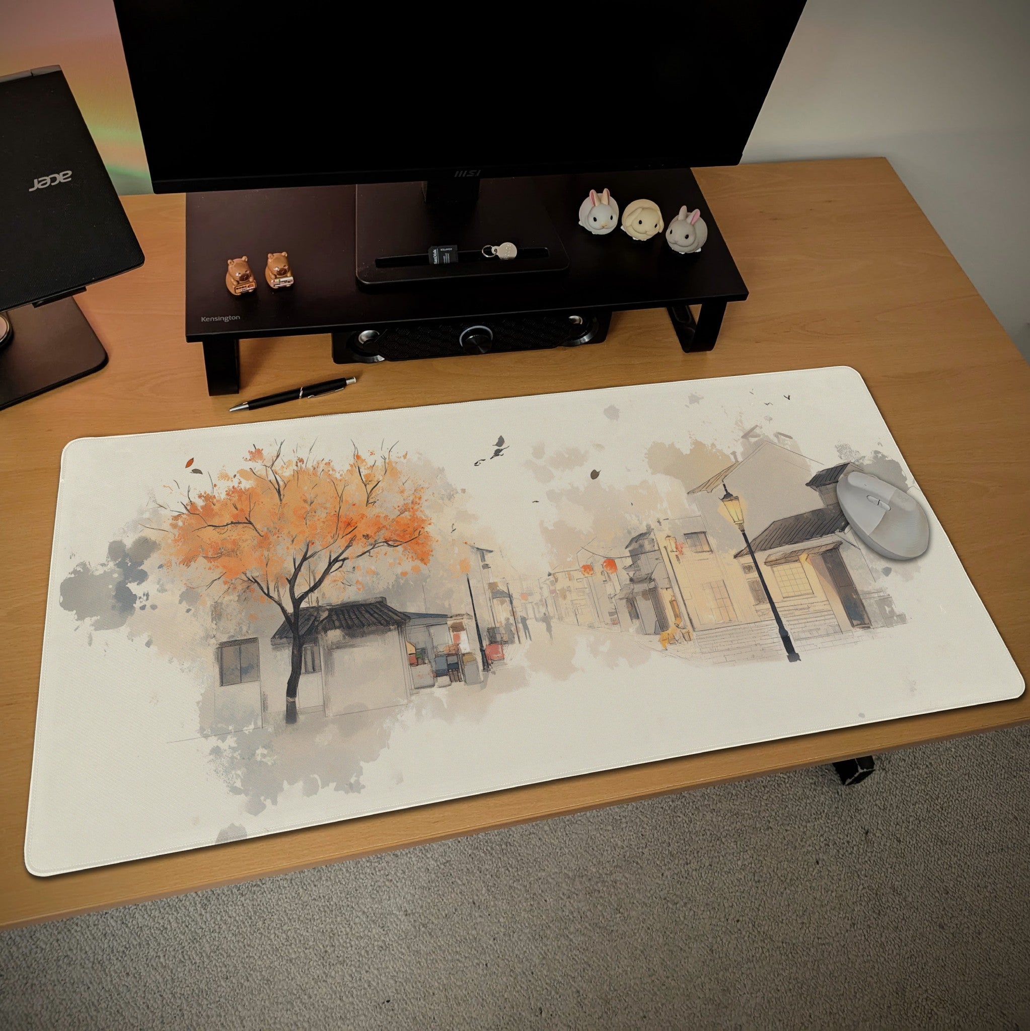 Vintage Street Desk Mat  Cozy Autumn Watercolor Art  Chinese Ink and Sketch-Style Mouse Pad
