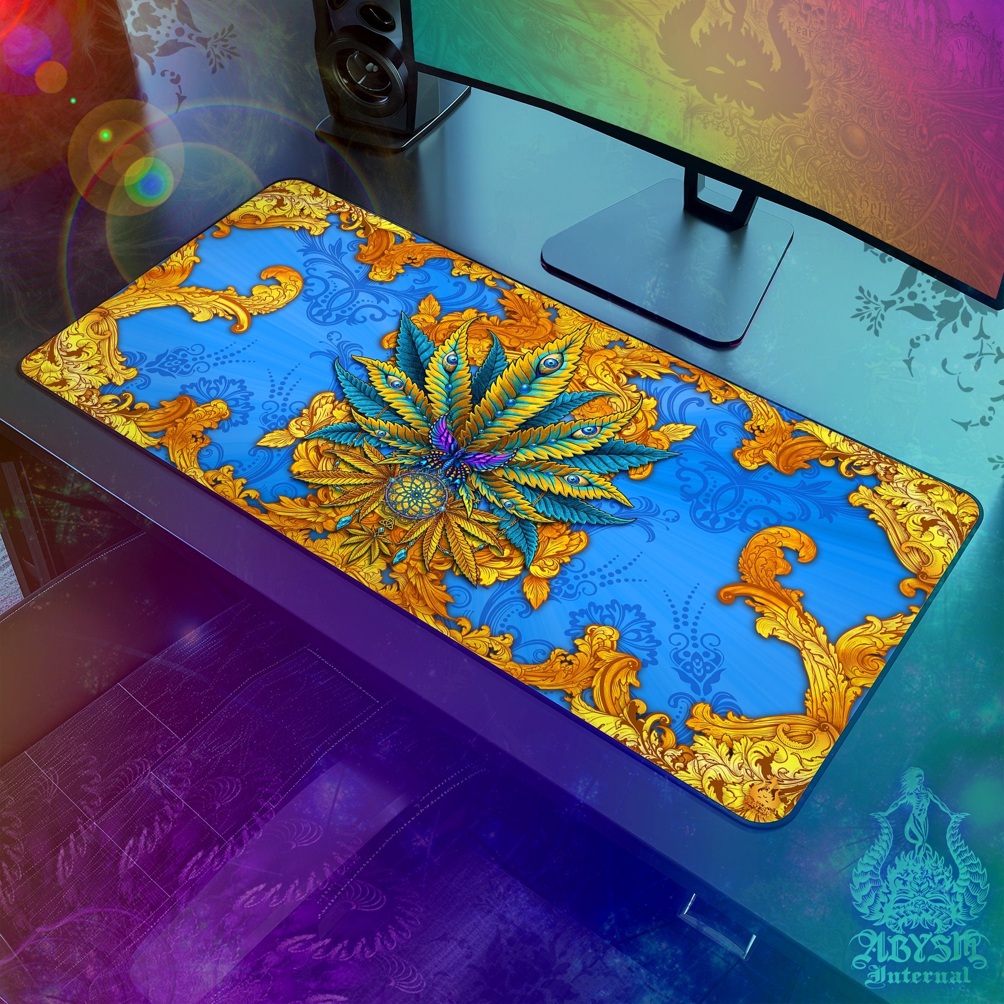 Weed Gaming Mouse Pad, Cannabis Desk Mat, Indie 420 Table Protector Cover, Marijuana Workpad, Boho Art Print – Cyan Gold