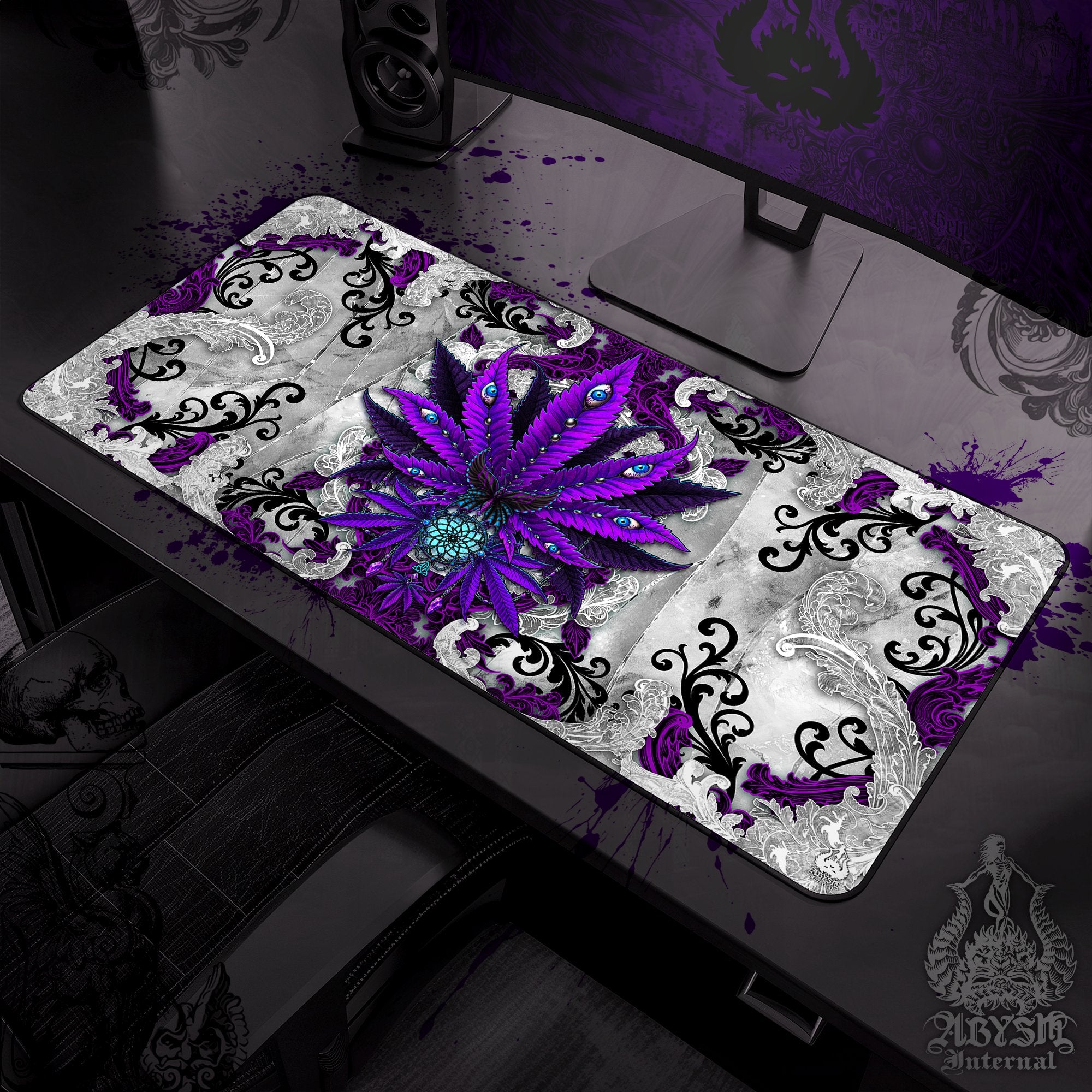 Weed Workpad, Cannabis Desk Mat, White Goth Gaming Mouse Pad, Purple Marijuana Table Protector Cover, 420 Art Print