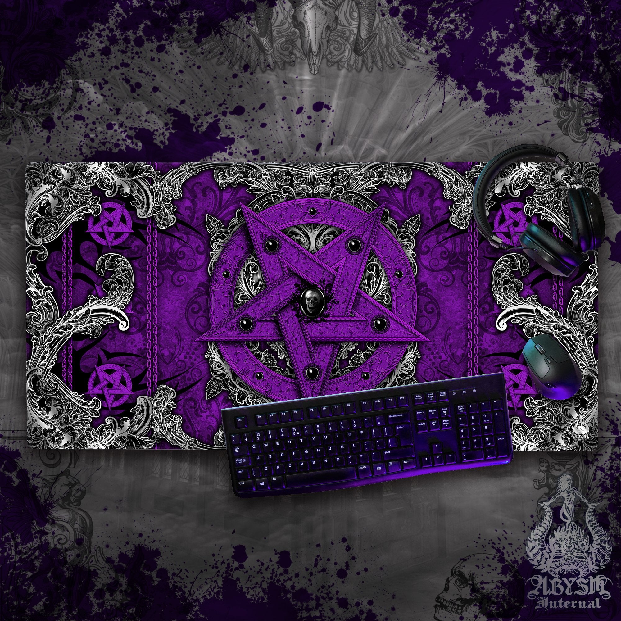 Whimsigoth Desk Mat, Witchy Gaming Mouse Pad, Pastel Goth Table Protector Cover, Purple Pentagram Workpad, Satanic Art Print – 4 Options