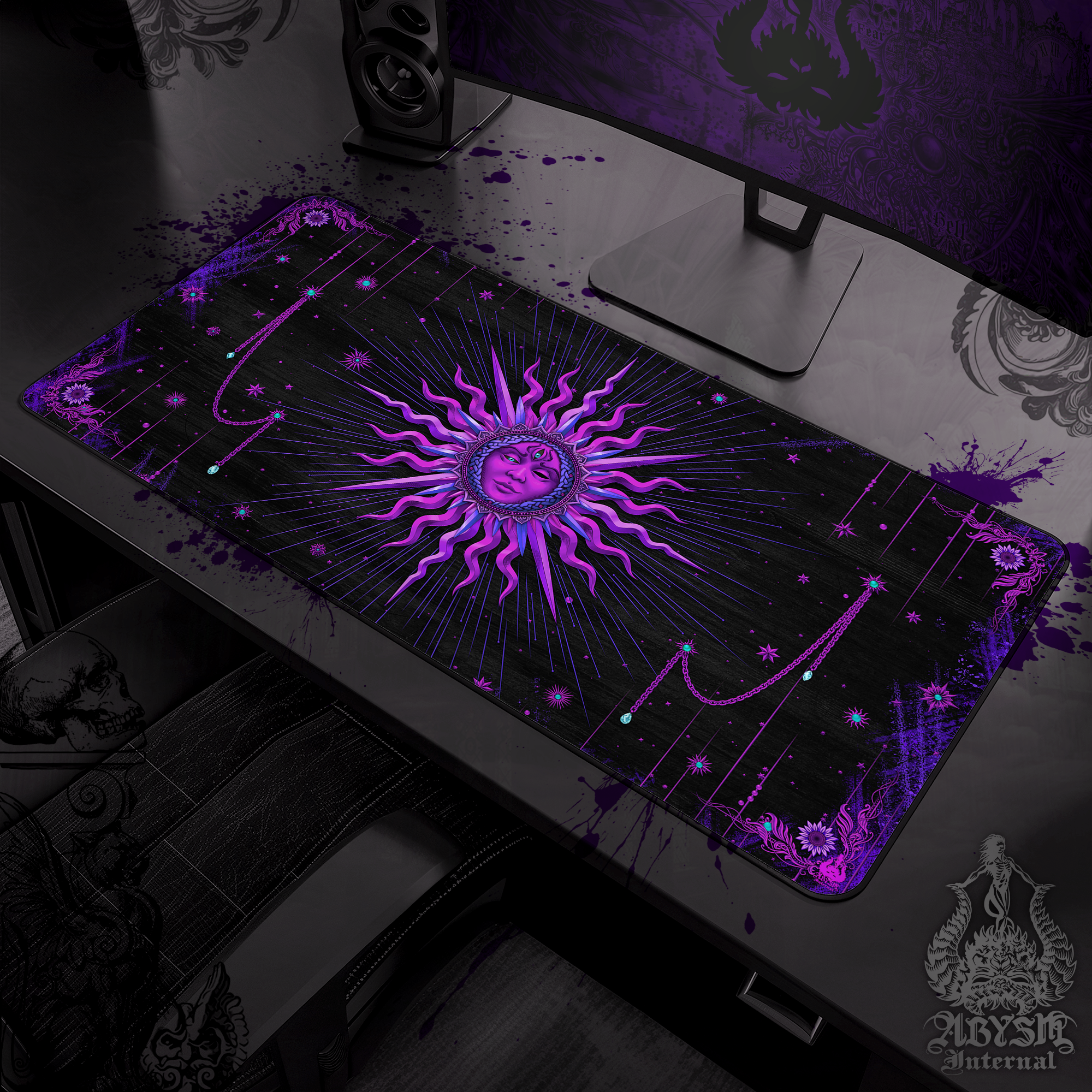 Whimsigoth Gaming Desk Mat, Witchy  Mouse Pad, Pastel Goth Tarot Arcana Table Protector Cover, Purple Sun Workpad, Witch Esoteric Art Print – Black