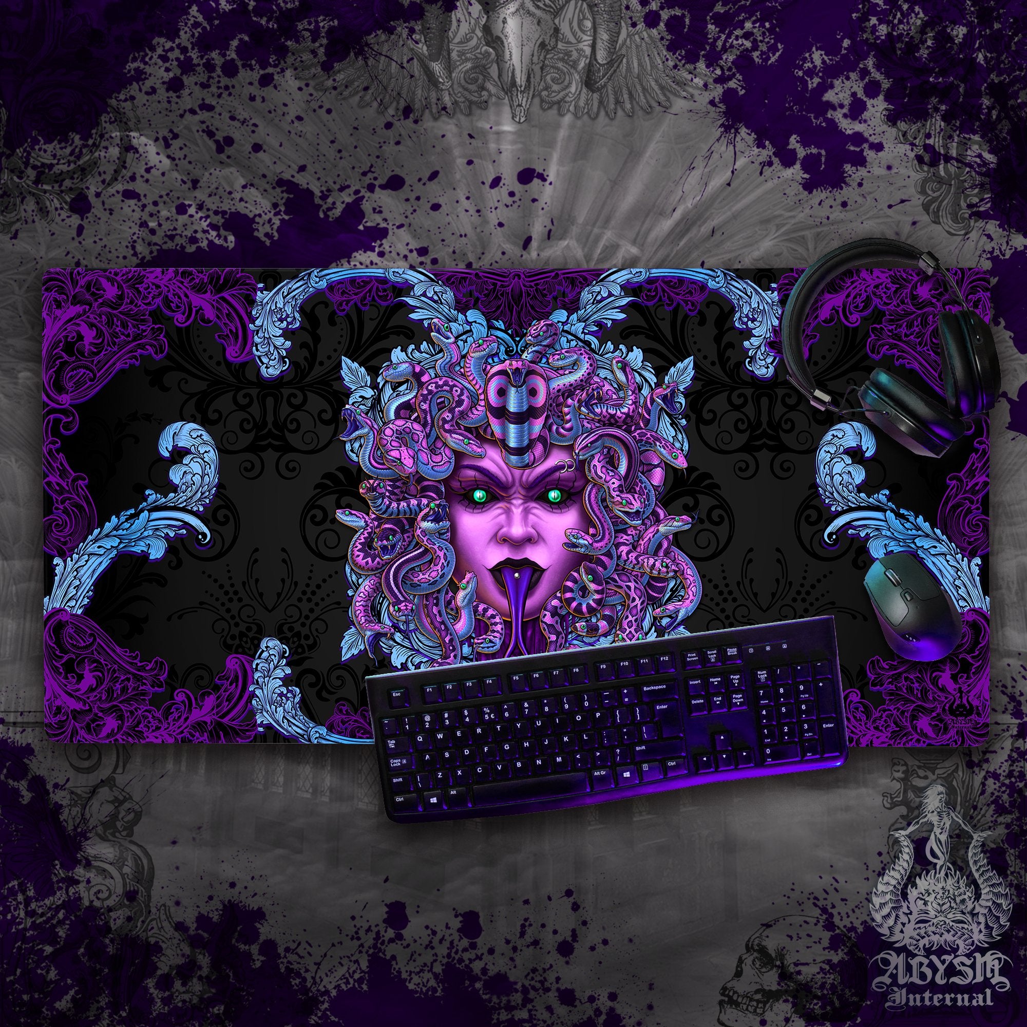 Whimsigoth Mouse Pad, Pastel Goth Gaming Desk Mat, Medusa Skull Workpad, Witchy Gamer Table Protector Cover, Dark Fantasy Art Print – 2 Options