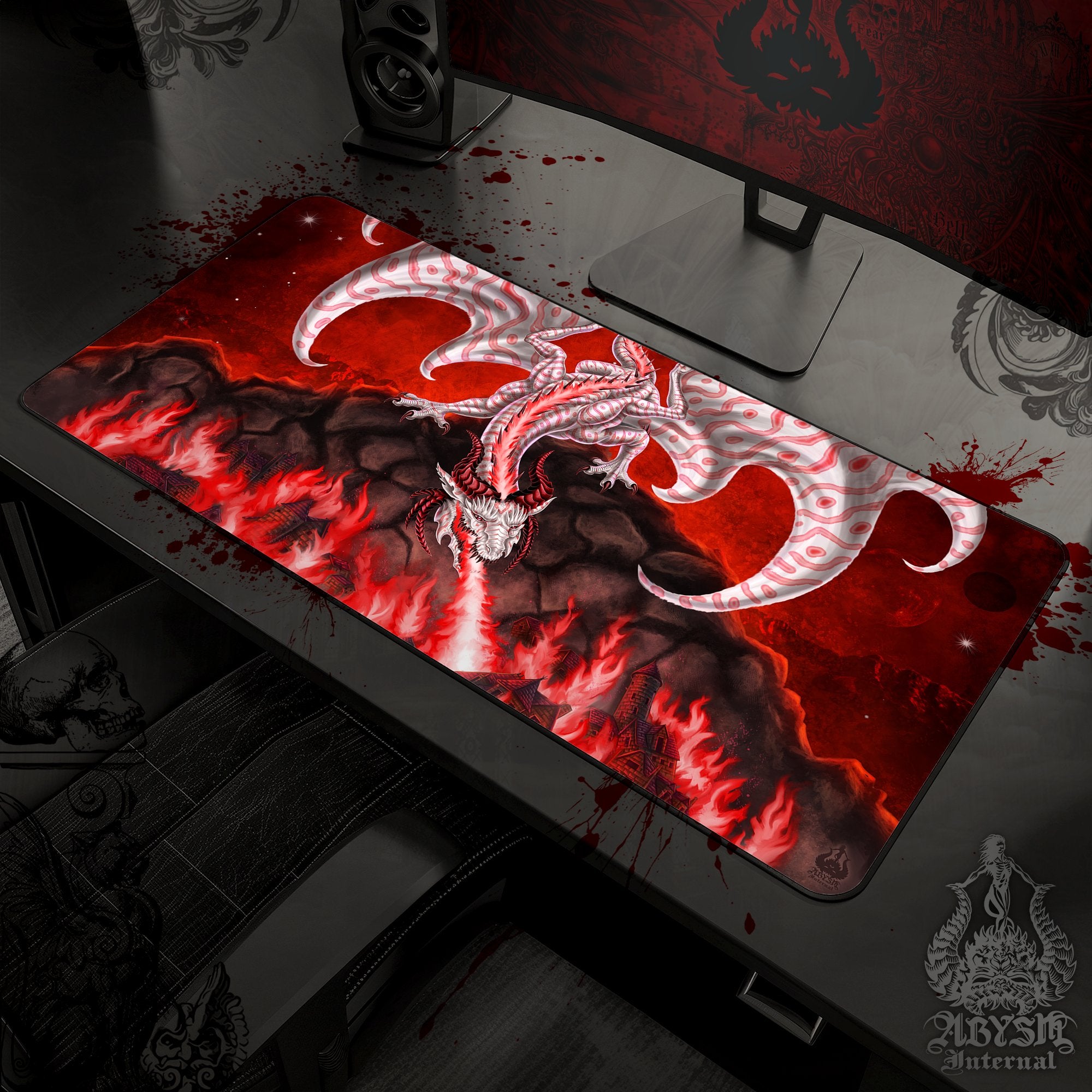 White Dragon Workpad, Fantasy Art Gaming Mouse Pad, Game Desk Mat, Goth Red Table Protector Cover, RPG, DM Gift Print – Fire