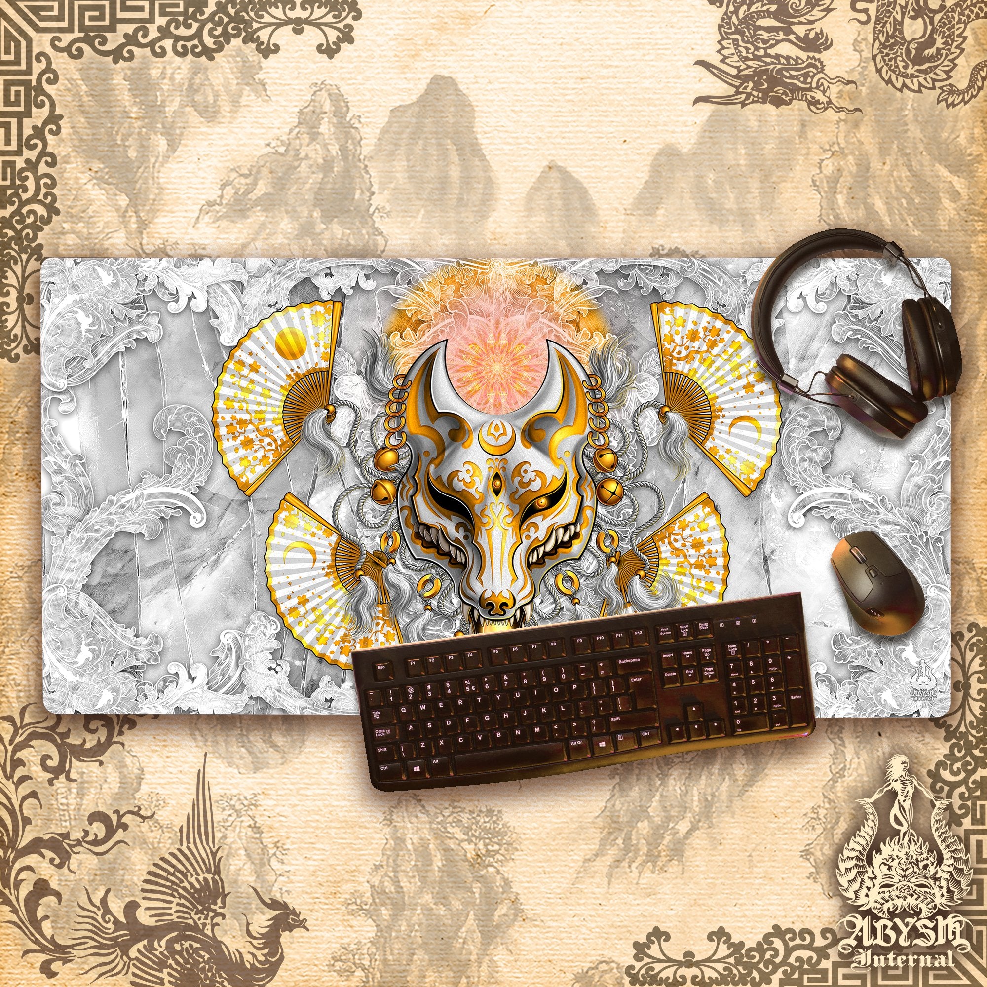 White Fox Mask Desk Mat, Kitsune Gaming Mouse Pad, Japanese Wolf Table Protector Cover, Anime Youkai Workpad, Manga Okami Art Print – Gold White Fox Mask Desk Mat, Kitsune Gaming Mouse Pad, Japanese Wolf Table Protector Cover, Anime Youkai Workpad, Manga Okami Art Print – Gold
