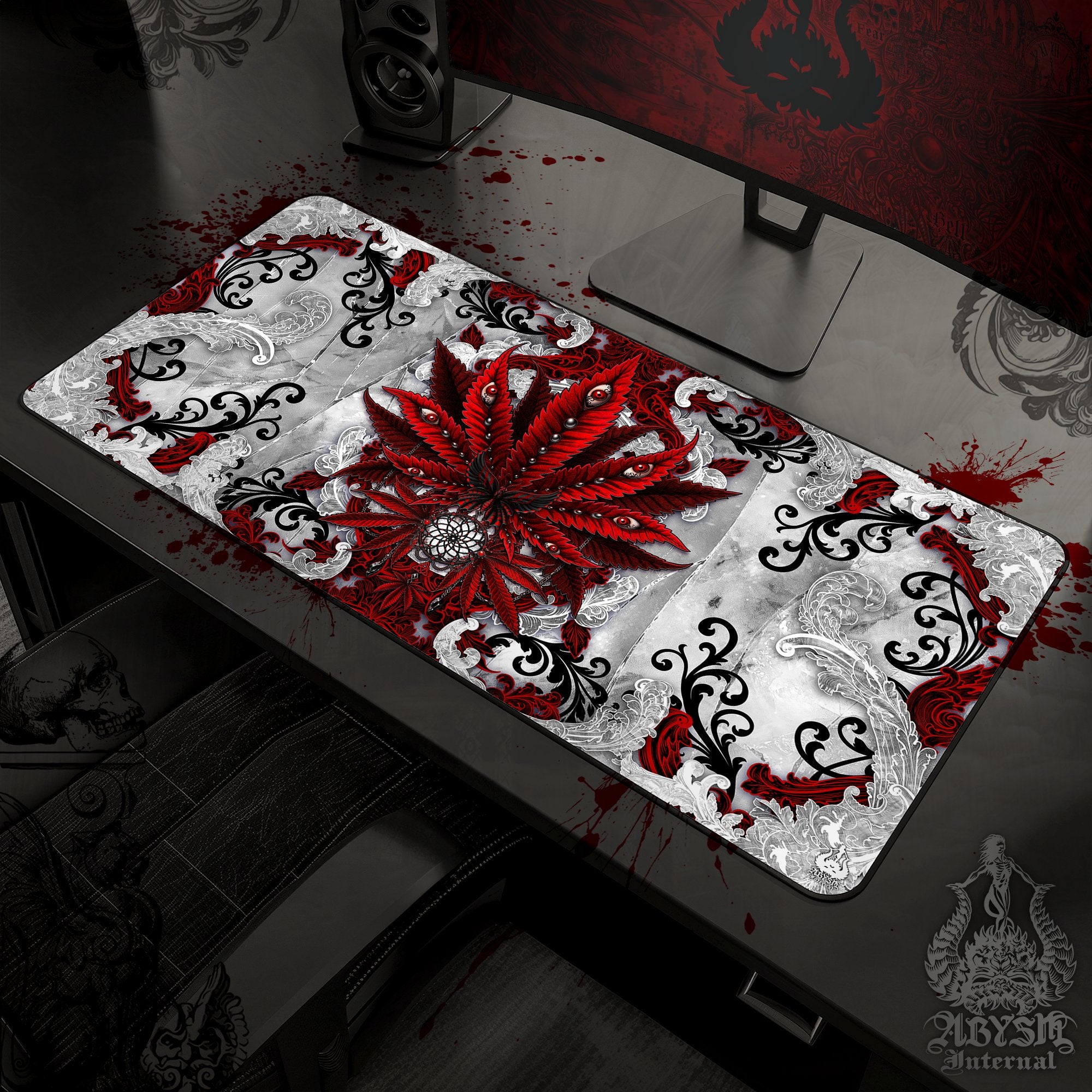White Goth Cannabis Workpad, 420 Desk Mat, Red Weed Gaming Mouse Pad, Marijuana Table Protector Cover, Art Print