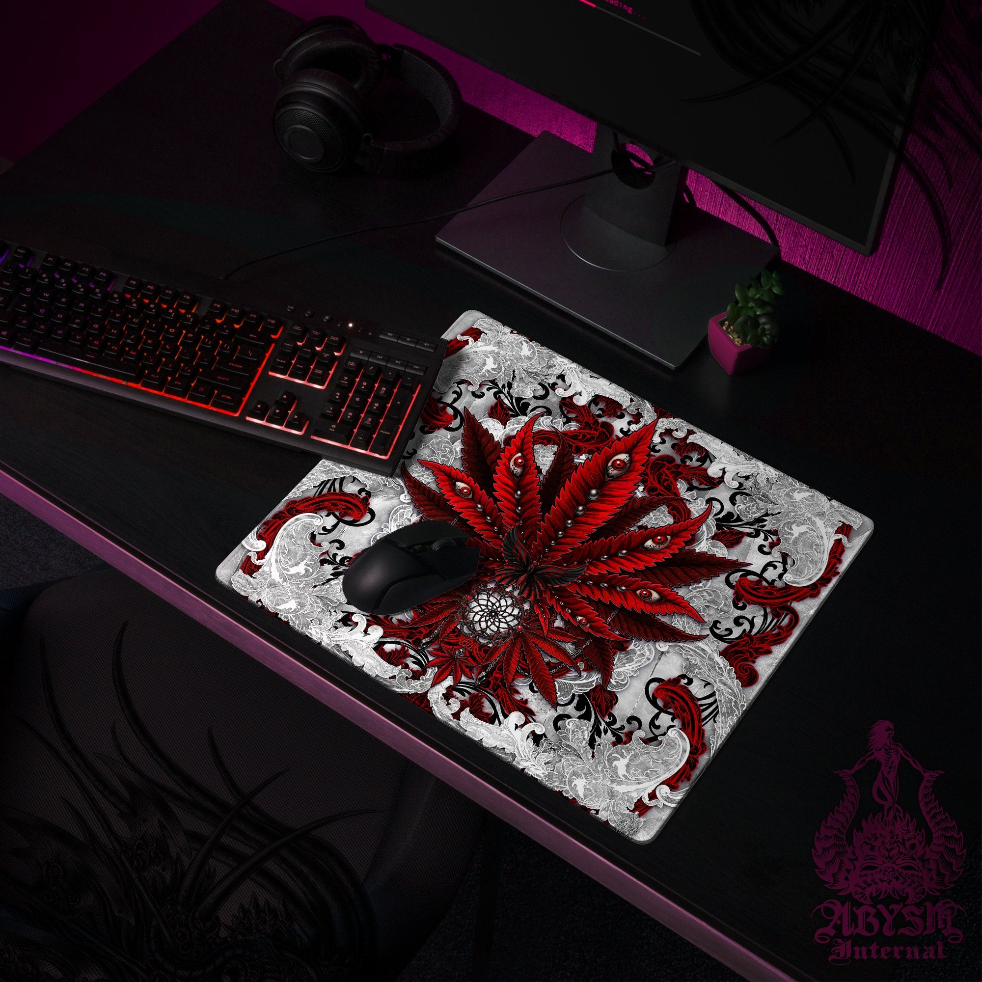 White Goth Cannabis Workpad, 420 Desk Mat, Red Weed Gaming Mouse Pad, Marijuana Table Protector Cover, Art Print White Goth Cannabis Workpad, 420 Desk Mat, Red Weed Gaming Mouse Pad, Marijuana Table Protector Cover, Art Print
