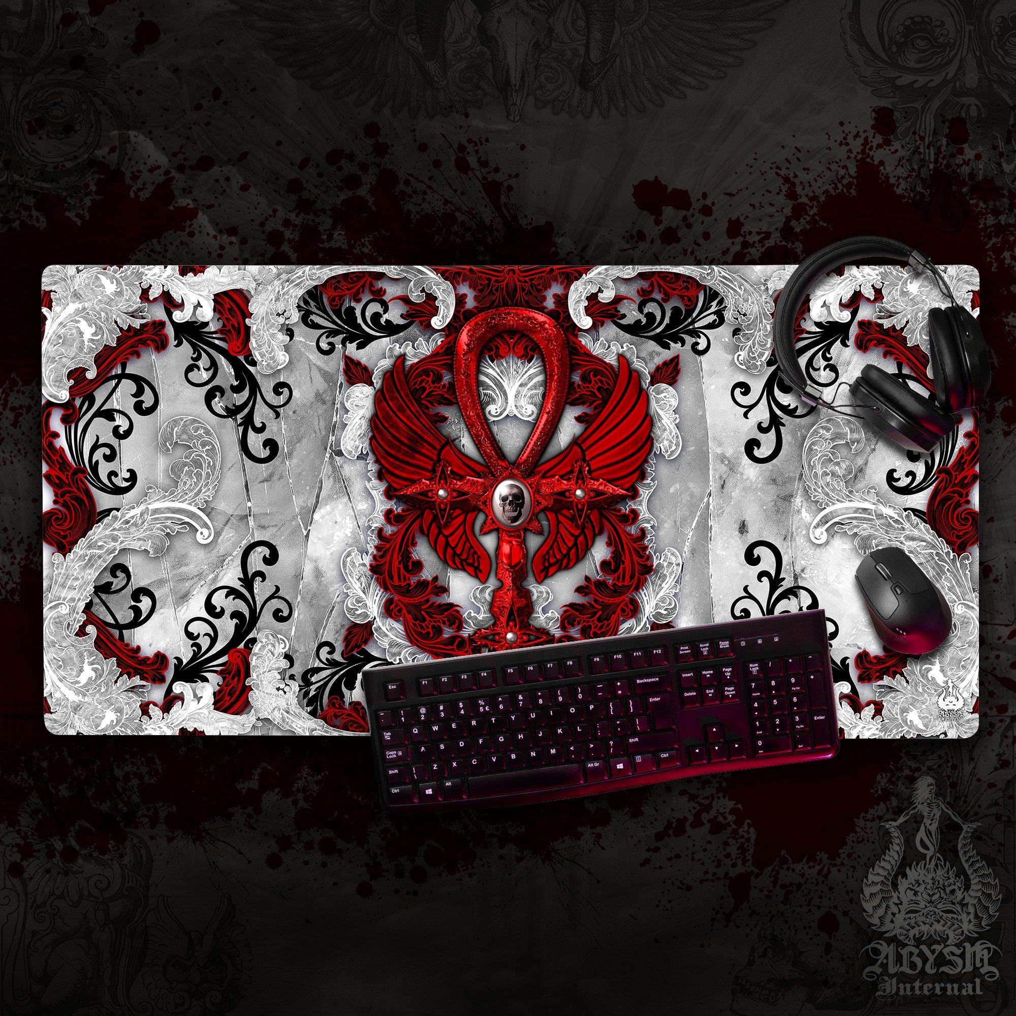 White Goth Desk Mat, Ankh Gaming Mouse Pad, Bloody Cross Table Protector Cover, Skull Workpad, Art Print – 3 Colors