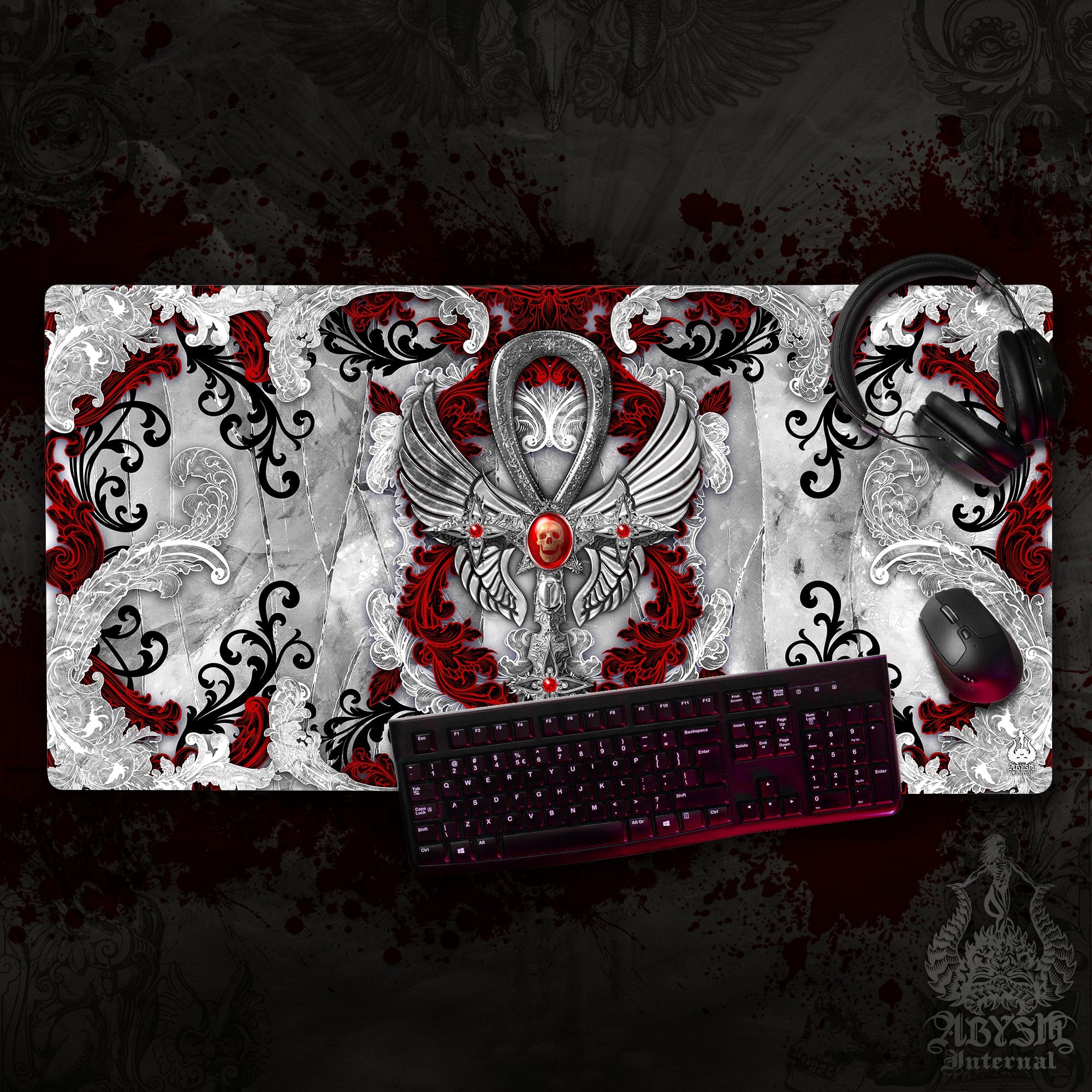White Goth Desk Mat, Ankh Gaming Mouse Pad, Bloody Cross Table Protector Cover, Skull Workpad, Art Print – 3 Colors White Goth Desk Mat, Ankh Gaming Mouse Pad, Bloody Cross Table Protector Cover, Skull Workpad, Art Print – 3 Colors