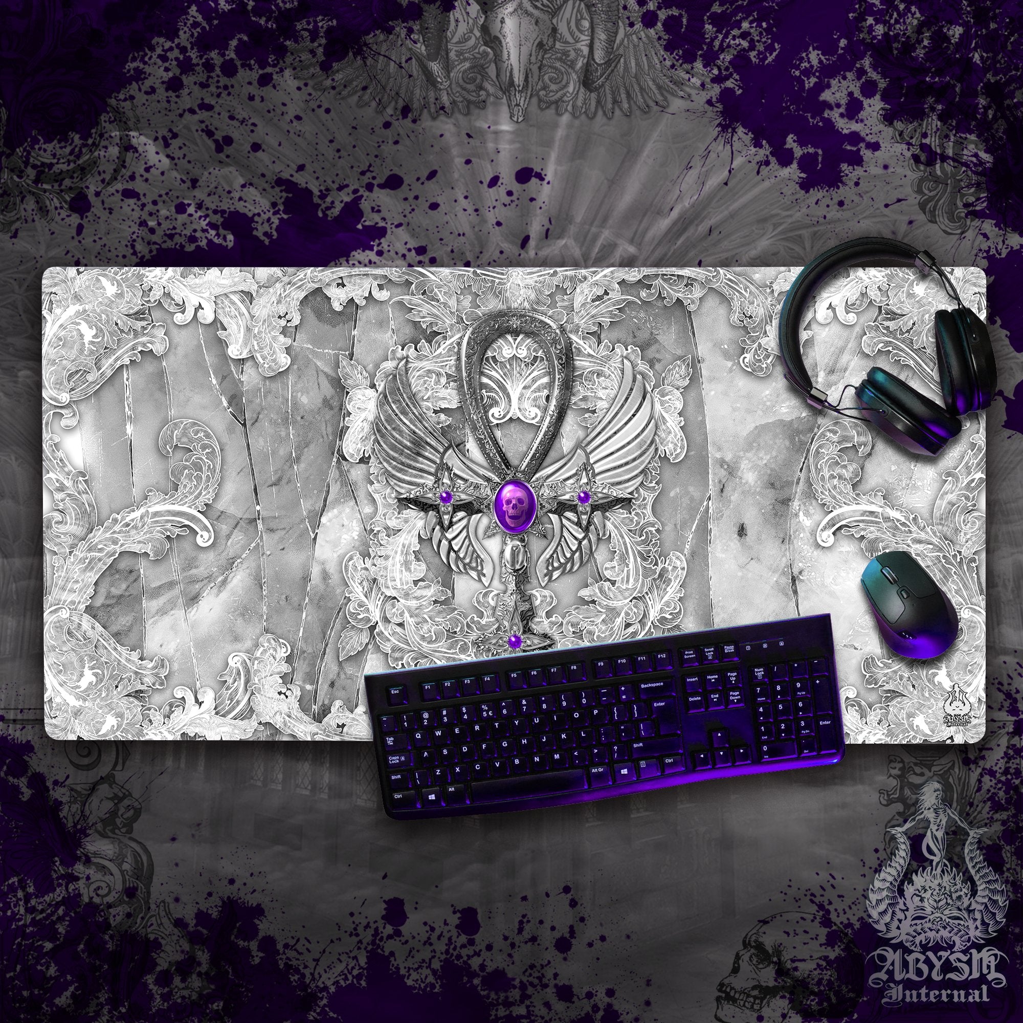 White Goth Gaming Mouse Pad, Ankh Desk Mat, Purple Cross Table Protector Cover, Skull Workpad, Art Print – 3 Colors, Stone Gold