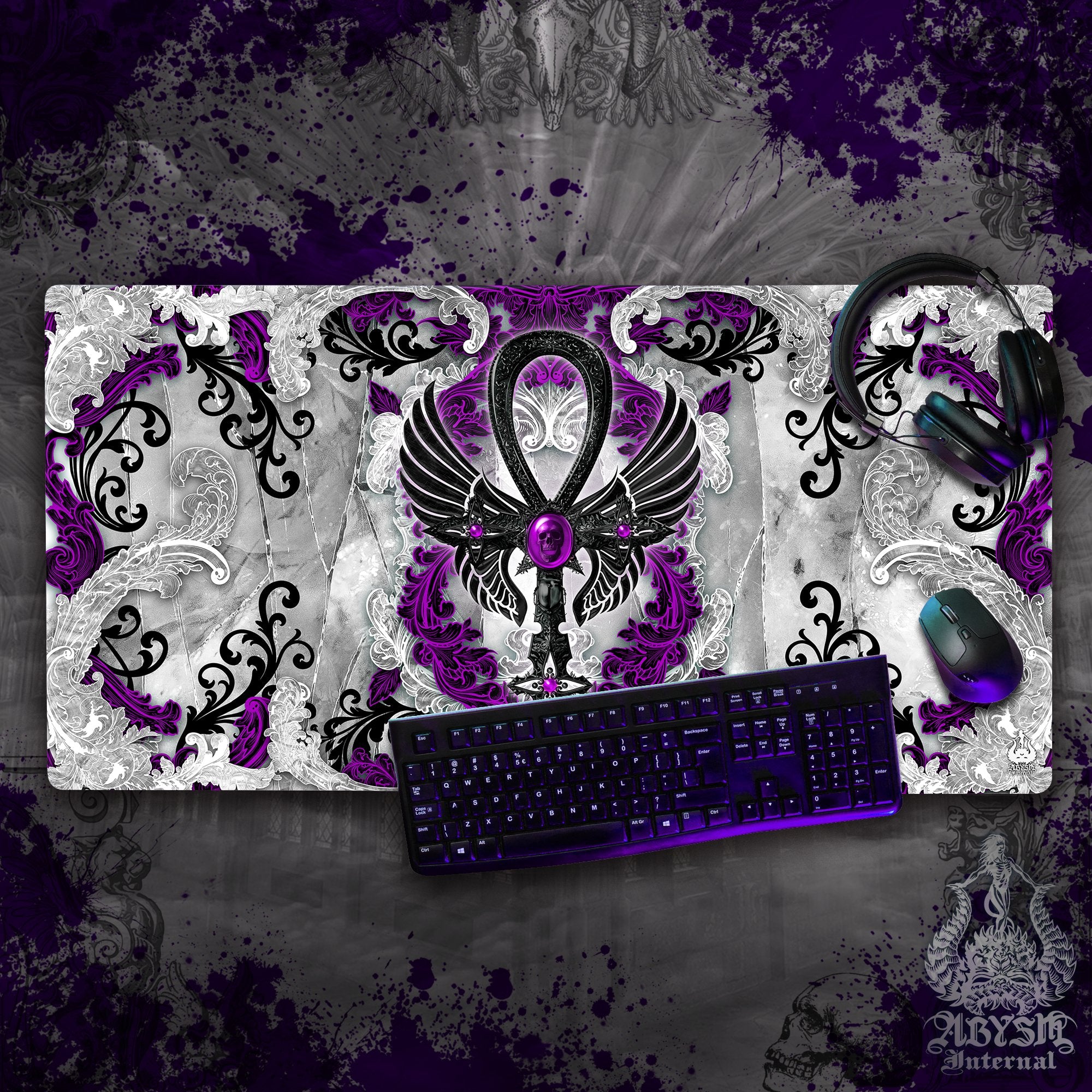 White Goth Gaming Mouse Pad, Ankh Desk Mat, Purple Cross Table Protector Cover, Skull Workpad, Art Print – 3 Colors, Stone Gold White Goth Gaming Mouse Pad, Ankh Desk Mat, Purple Cross Table Protector Cover, Skull Workpad, Art Print – 3 Colors, Stone Gold