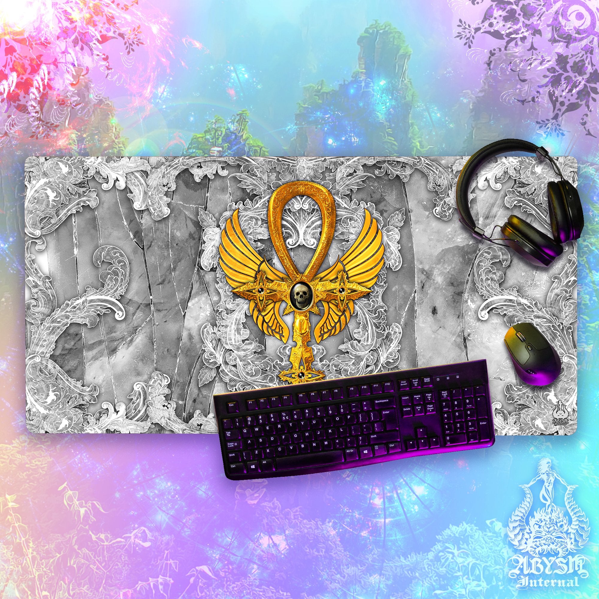 White Goth Gaming Mouse Pad, Ankh Desk Mat, Purple Cross Table Protector Cover, Skull Workpad, Art Print – 3 Colors, Stone Gold White Goth Gaming Mouse Pad, Ankh Desk Mat, Purple Cross Table Protector Cover, Skull Workpad, Art Print – 3 Colors, Stone Gold