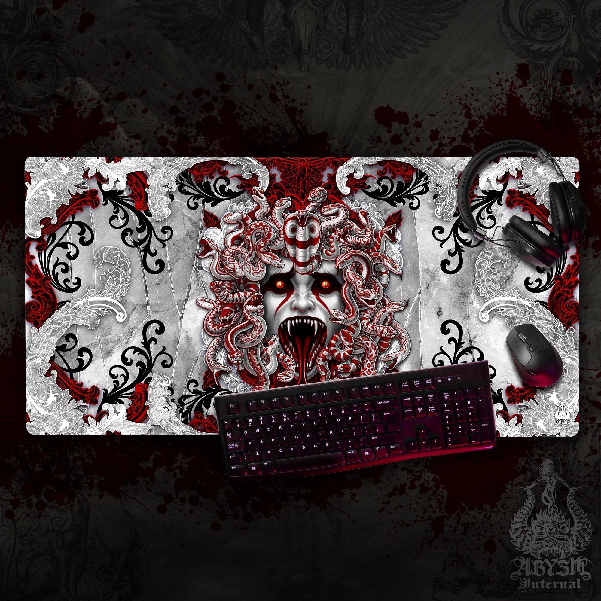 White Goth Mouse Pad, Bloody Skull Gaming Desk Mat, Medusa Workpad, Gamer Table Protector Cover, Dark Fantasy Art Print – 4 Options