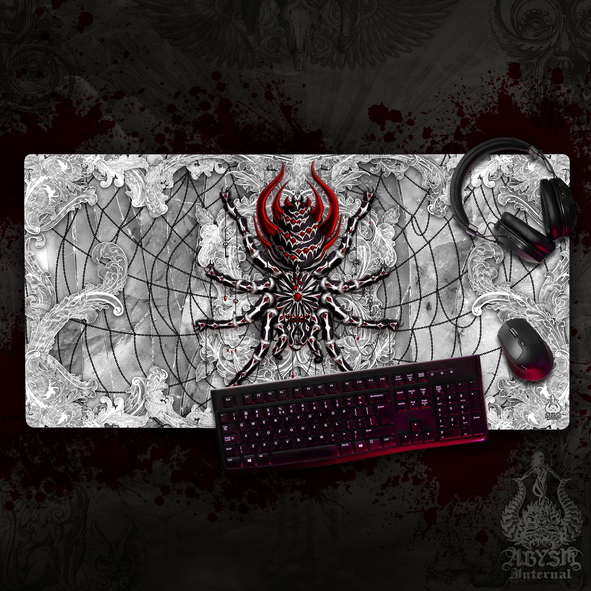 White Goth Mouse Pad, Spider Gaming Desk Mat, Tarantula Workpad, Halloween Table Protector Cover, Art Print – Stone, 3 Colors