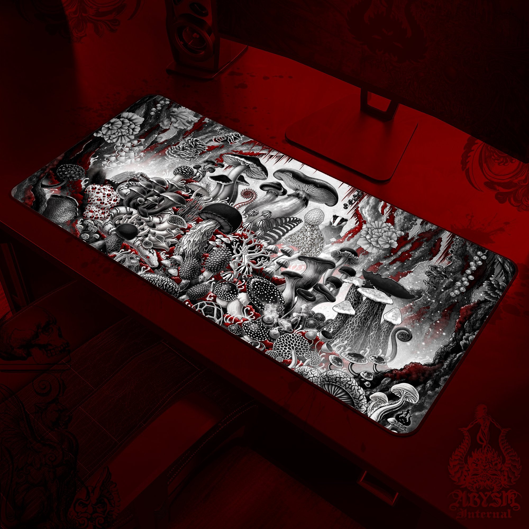 White Goth Table Cover, Mushrooms Workpad, Magic Forest Desk Mat Protector, Black and WhiteG aming Mouse Pad, Biology Art Print Gift