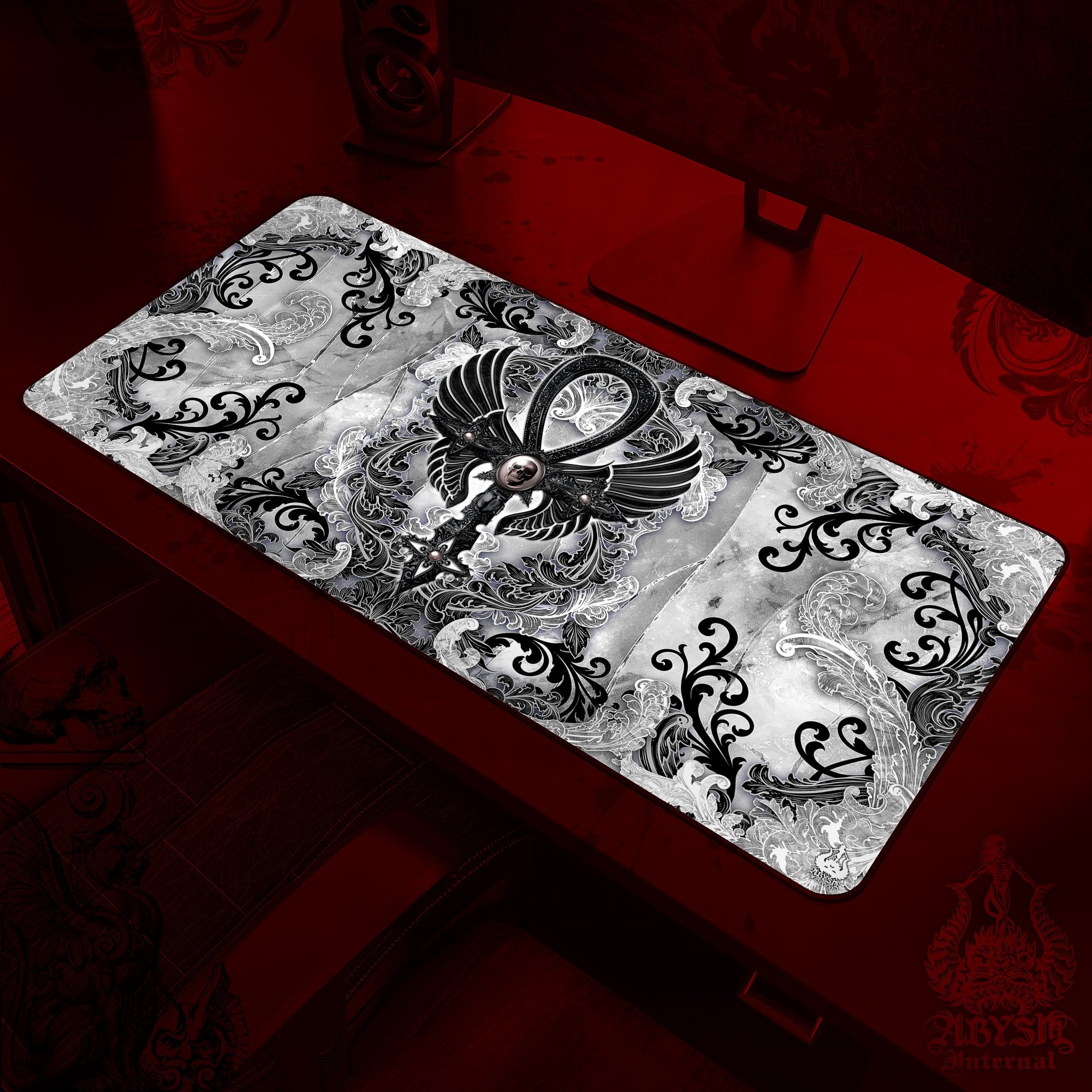 White Goth Workpad, Black Ankh Desk Mat, Gaming Mouse Pad, Cross Table Protector Cover, Skull Art Print