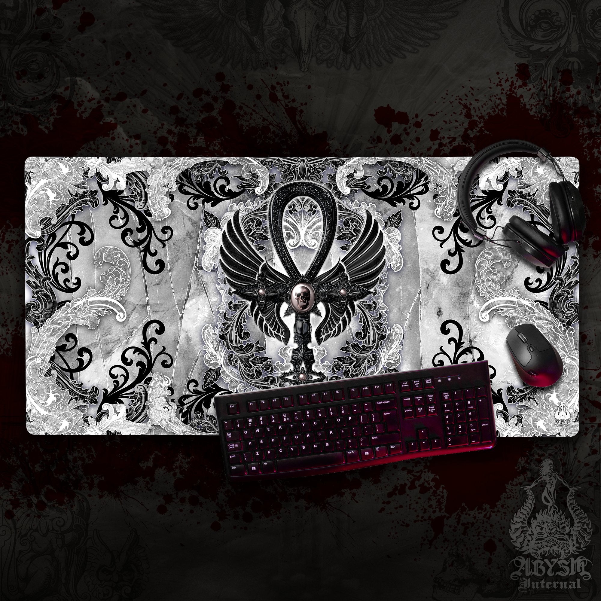 White Goth Workpad, Black Ankh Desk Mat, Gaming Mouse Pad, Cross Table Protector Cover, Skull Art Print White Goth Workpad, Black Ankh Desk Mat, Gaming Mouse Pad, Cross Table Protector Cover, Skull Art Print