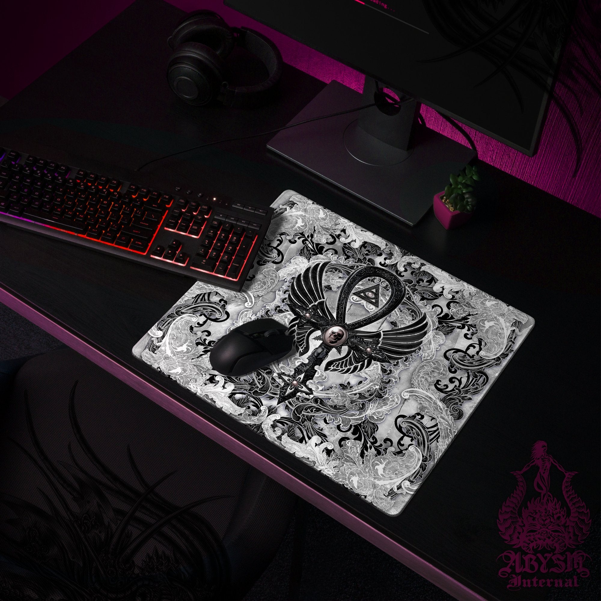 White Goth Workpad, Black Ankh Desk Mat, Gaming Mouse Pad, Cross Table Protector Cover, Skull Art Print White Goth Workpad, Black Ankh Desk Mat, Gaming Mouse Pad, Cross Table Protector Cover, Skull Art Print
