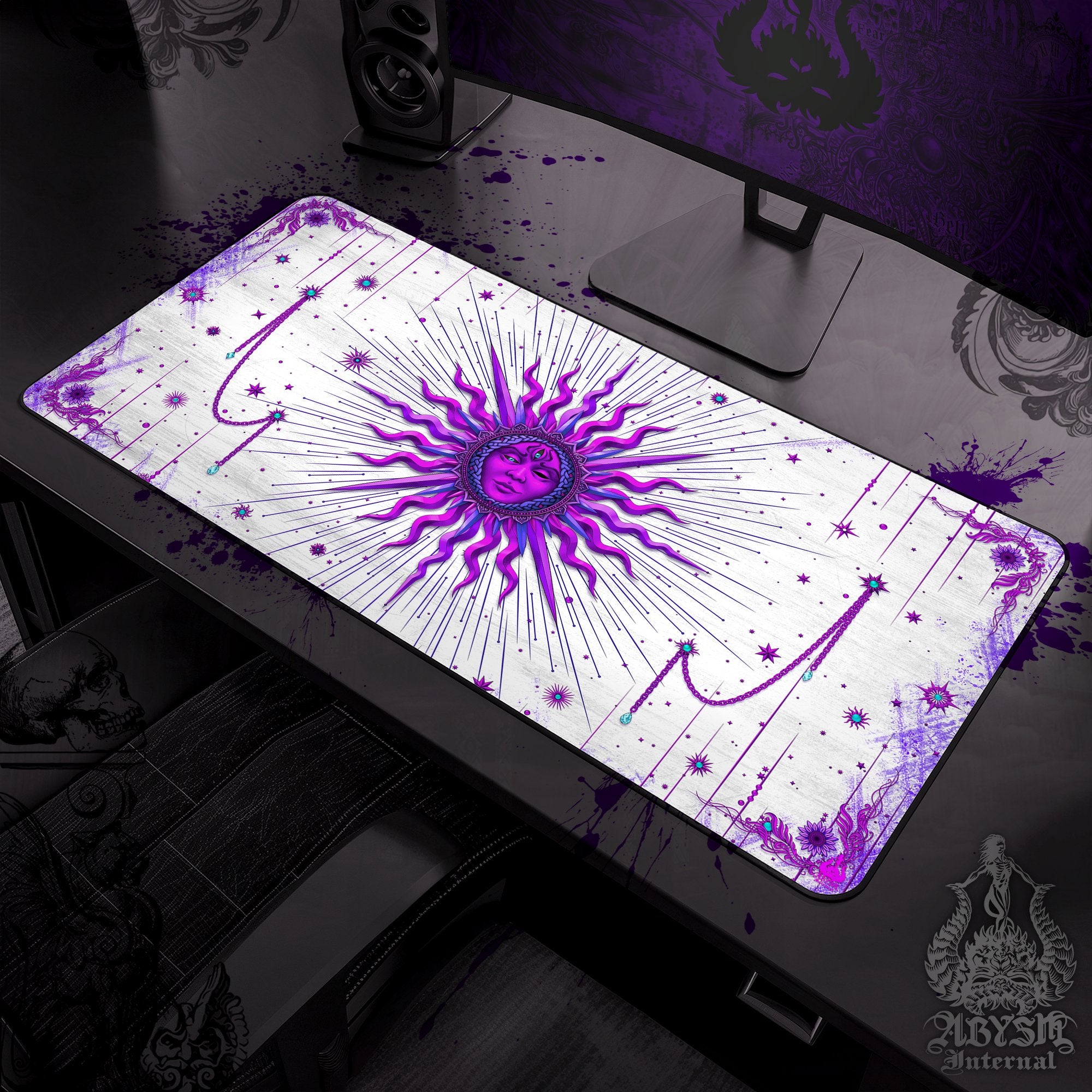 White Goth Workpad, Purple Sun Desk Mat, Tarot Arcana Gaming Mouse Pad, Witchy Table Protector Cover, Witch Room, Esoteric Art Print