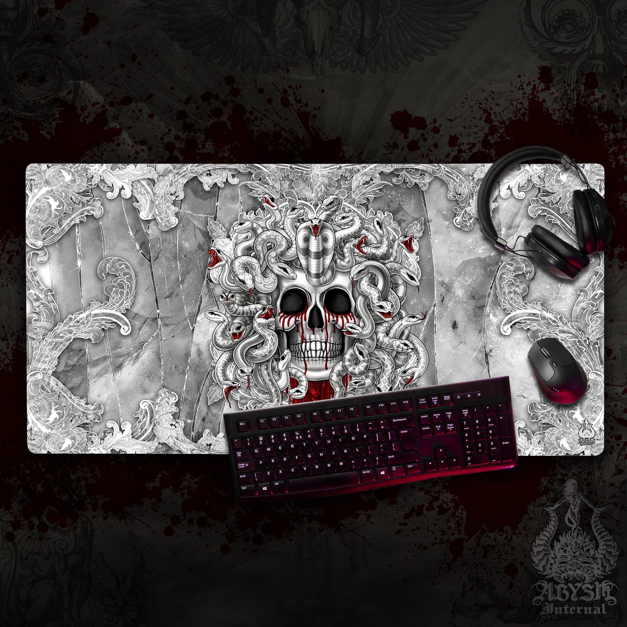 White Horror Workpad, Gamer Desk Mat, Medusa Skull Gaming Mouse Pad, Goth Table Protector Cover, Dark Fantasy Art Print – 3 Colors, 2 Faces