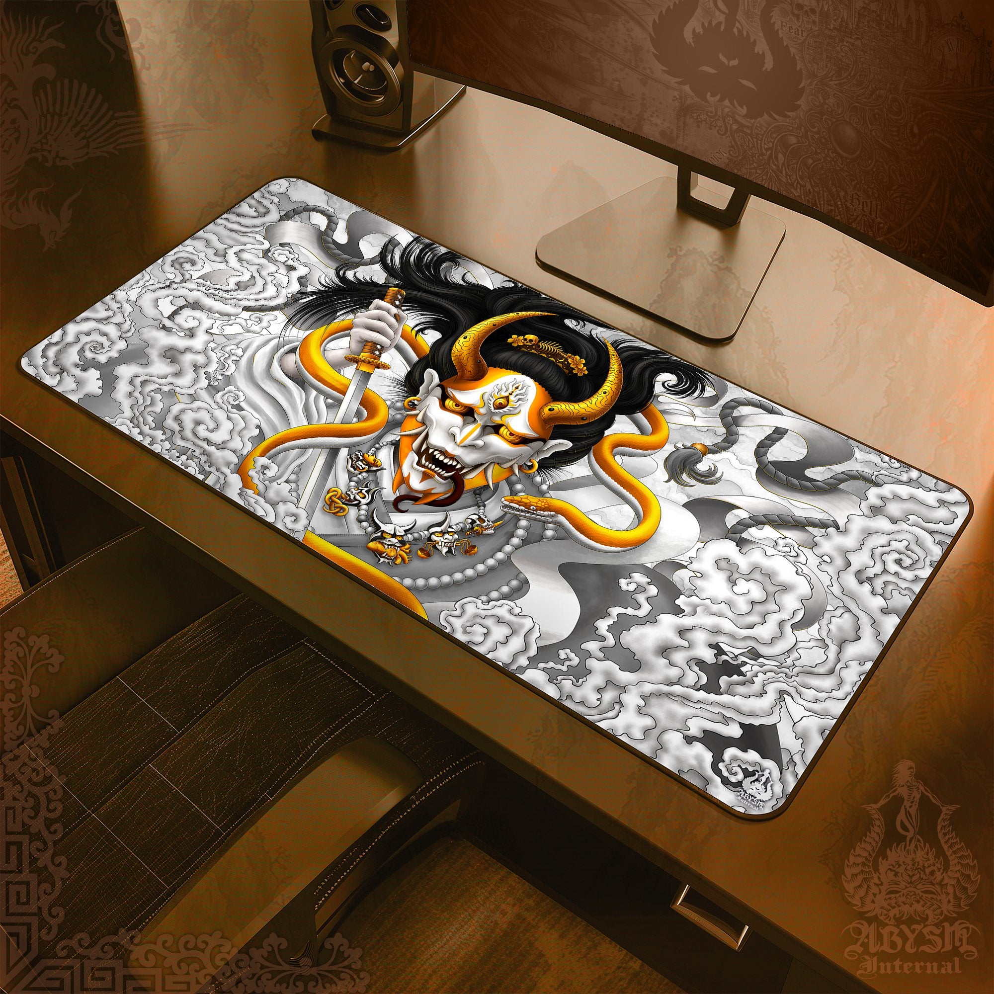 White Japanese Demon Desk Mat, Hannya Gaming Mouse Pad, Youkai Table Protector Cover, Gold Workpad, Fantasy Anime and Manga Art Print – Snake