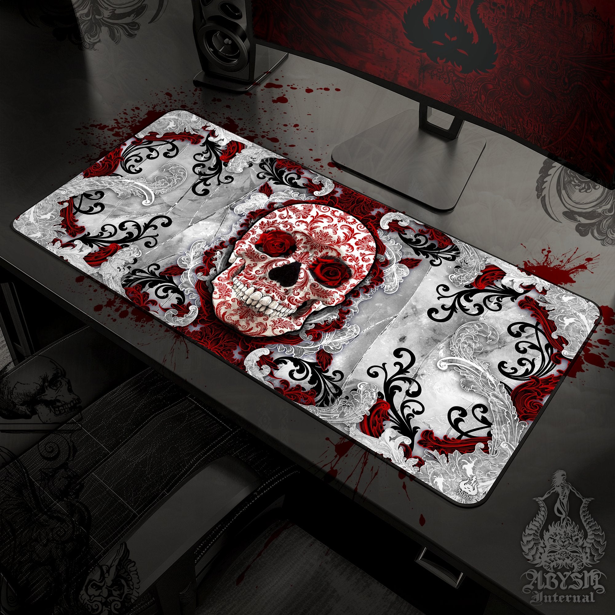 White Mouse Pad, Goth Gaming Desk Mat, Skull Workpad, Bloody Table Protector Cover, Art Print